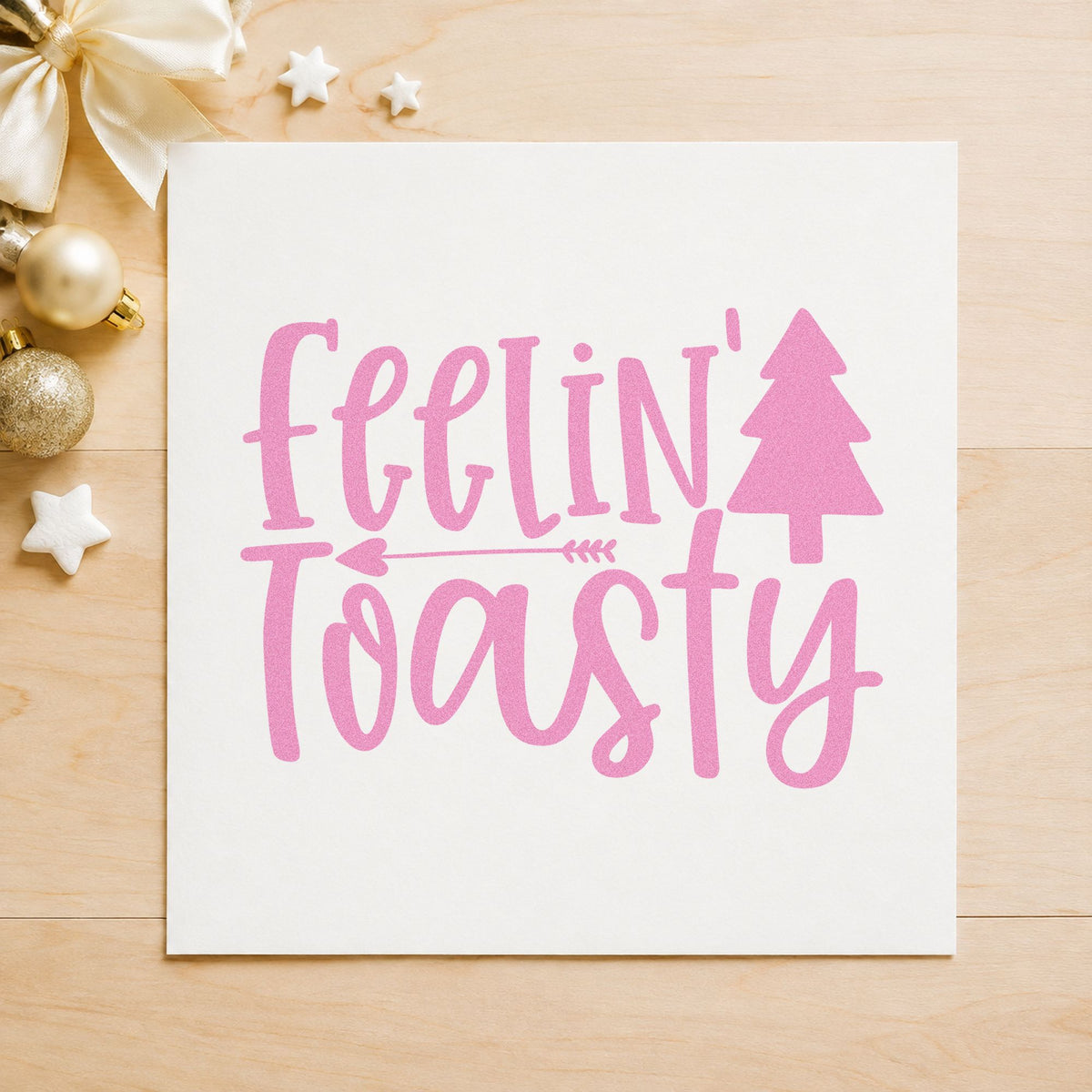Feelin Toasty Christmas Tree craft stamp in purple ink on cardstock, an easy option for fireside album page.