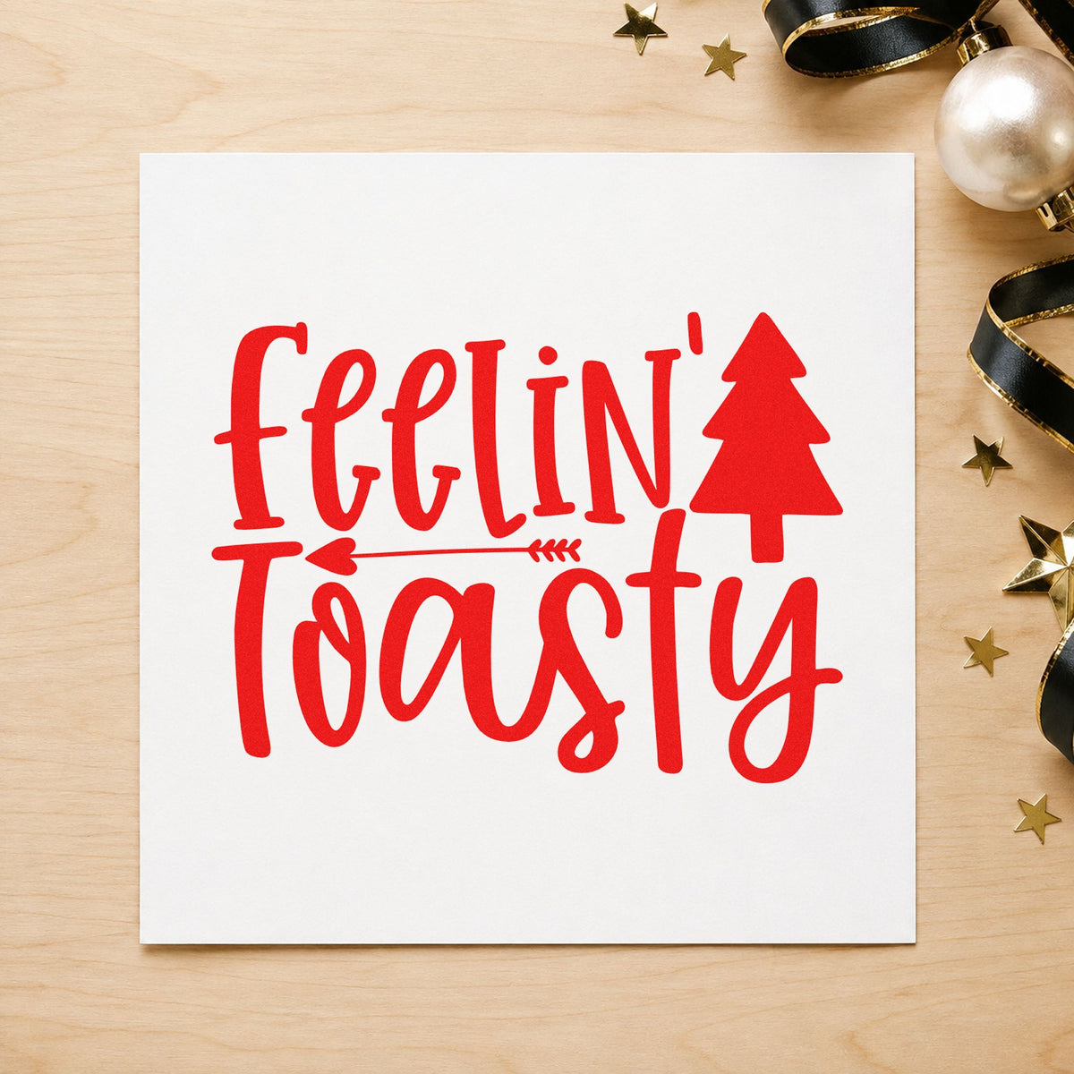 Feelin Toasty Christmas Tree rubber stamp shown in red ink, stamped for projects such as kindling bin labels.