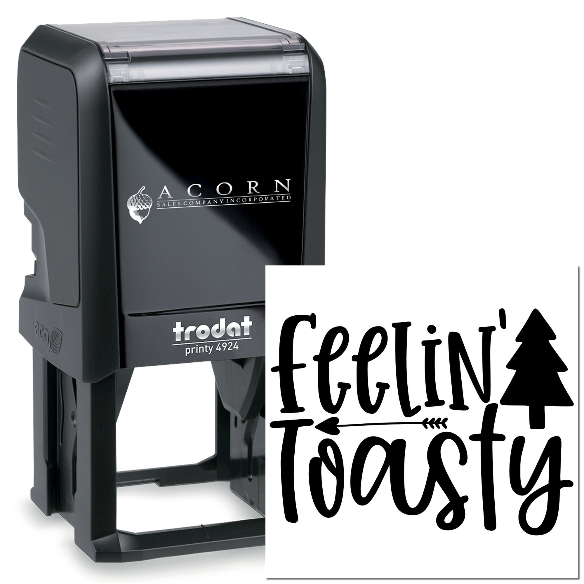 Custom self-inking Trodat Printy 4924 rubber stamp with feelin toasty holiday design and pine tree icon