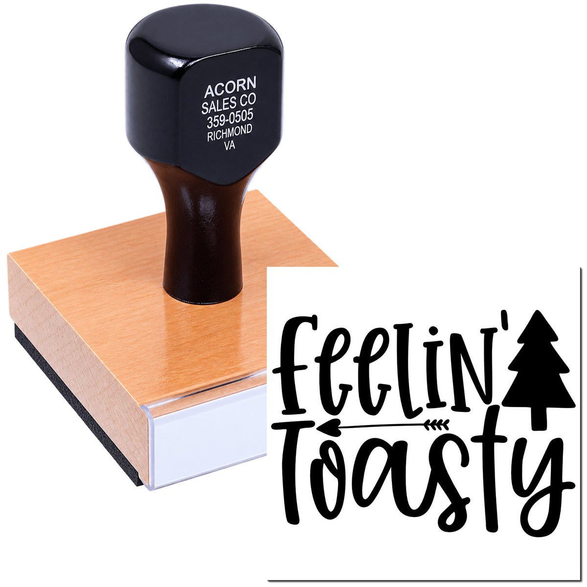 Custom rubber stamp with Feelin Frosty design and pine tree icon for holiday cards, crafts, and Christmas packaging.