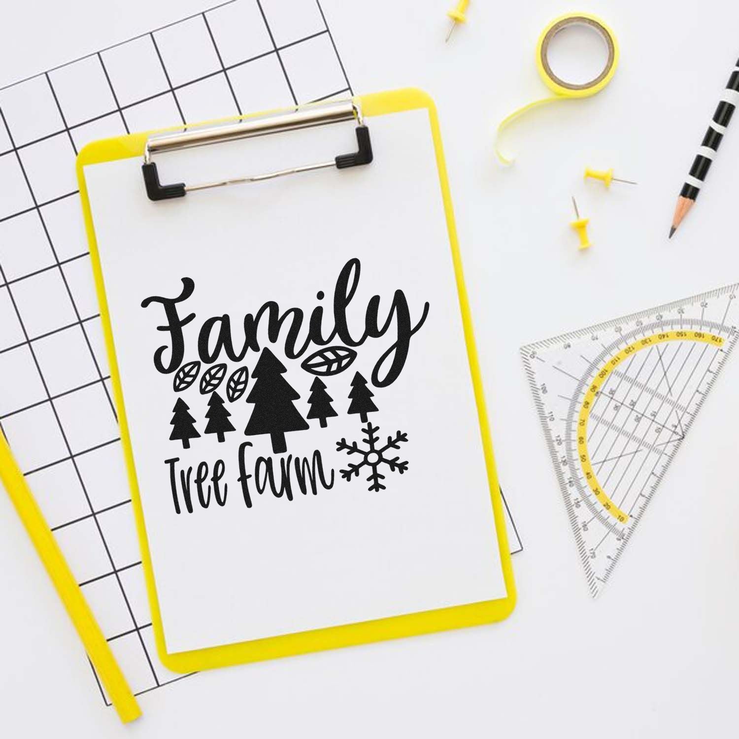 Family tree farm rubber stamp design on clipboard for rustic farmhouse crafts and custom stamping projects.