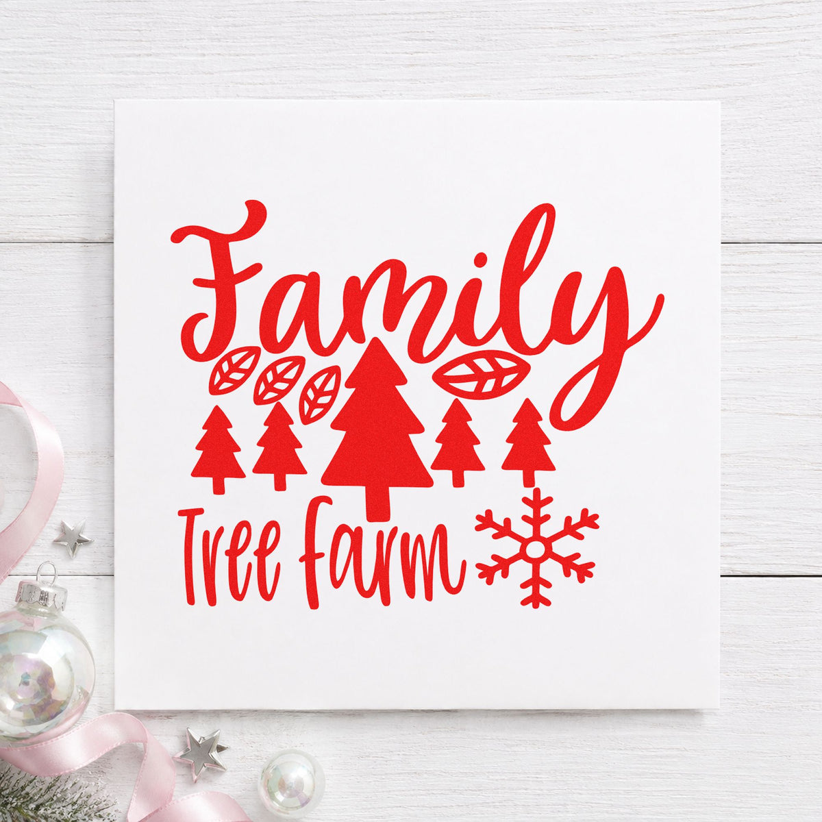 Family Tree Farm Winter craft stamp in red ink on cardstock, an easy option for work coat printing.