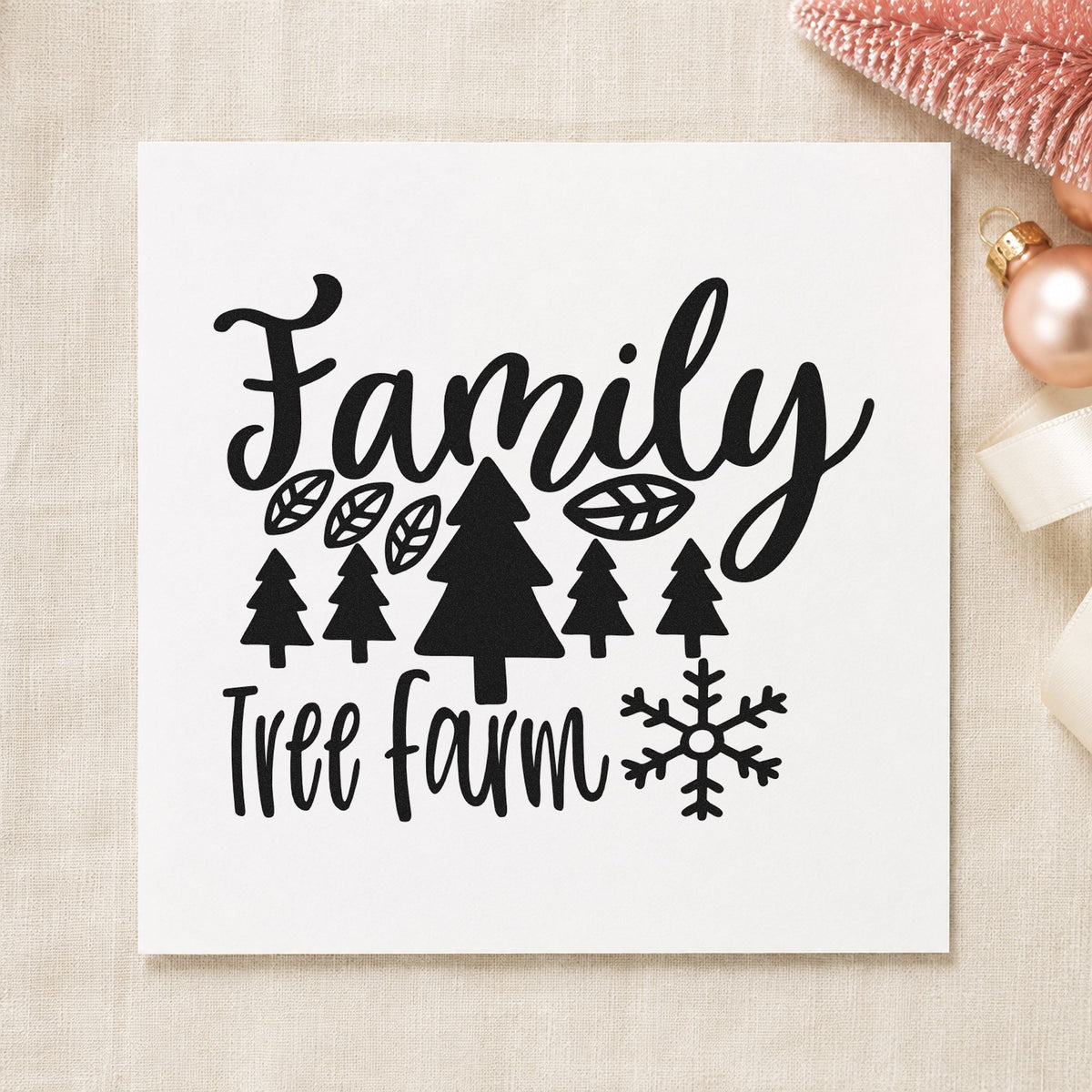 Family Tree Farm Winter rubber stamp printed in black ink, ready for pine row cards and similar paper crafts.