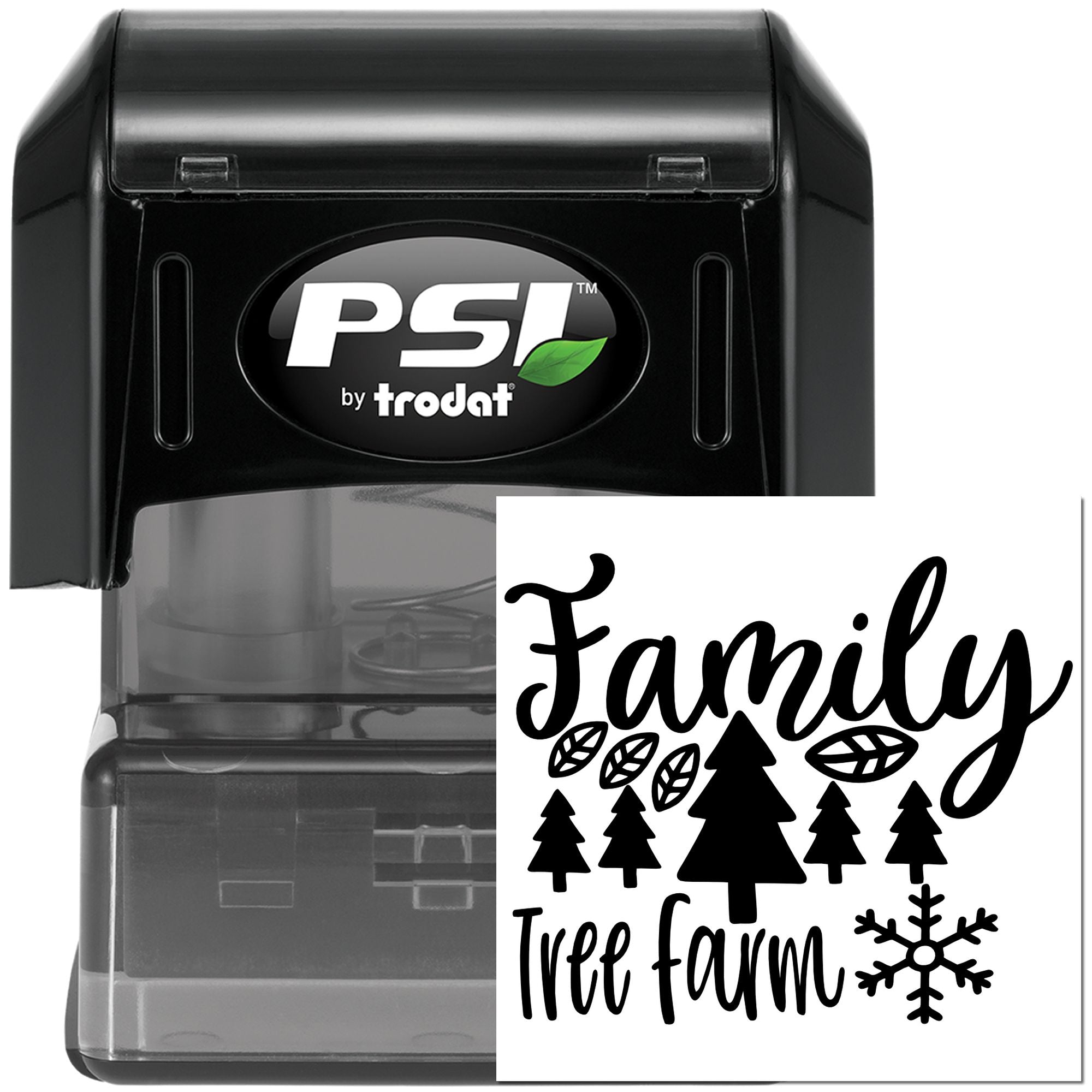Custom self-inking rubber stamp for Family Tree Farm, PSI by Trodat, with trees, leaves and snowflake design.