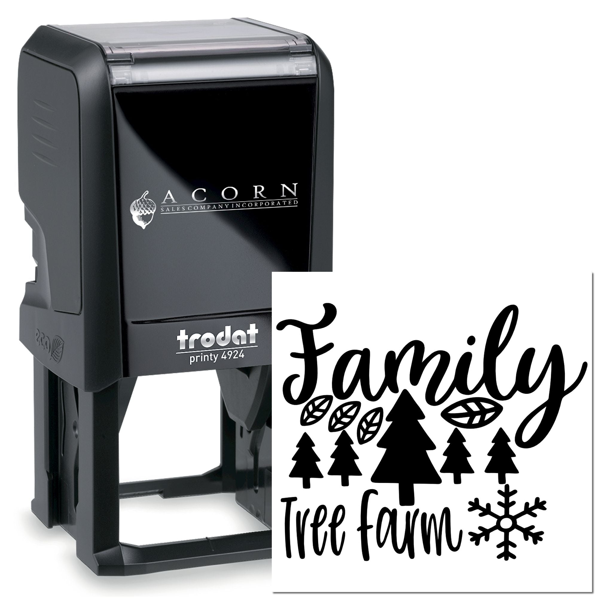 Custom self-inking rubber stamp, Trodat Printy 4924, with Family Tree Farm logo and decorative tree design.