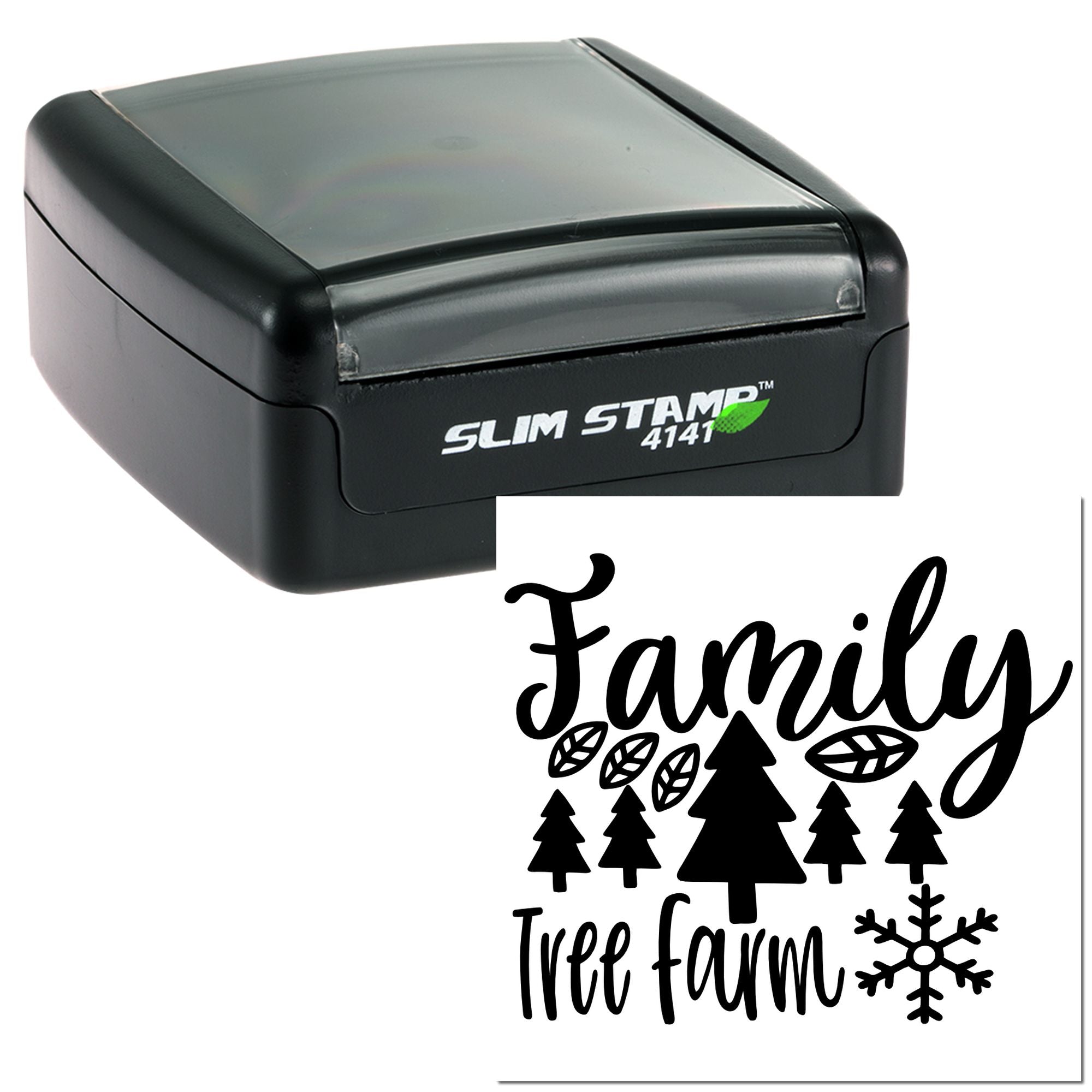 Custom Slim Stamp rubber stamp with Family Tree Farm design, ideal for personalized branding and farmstead packaging.