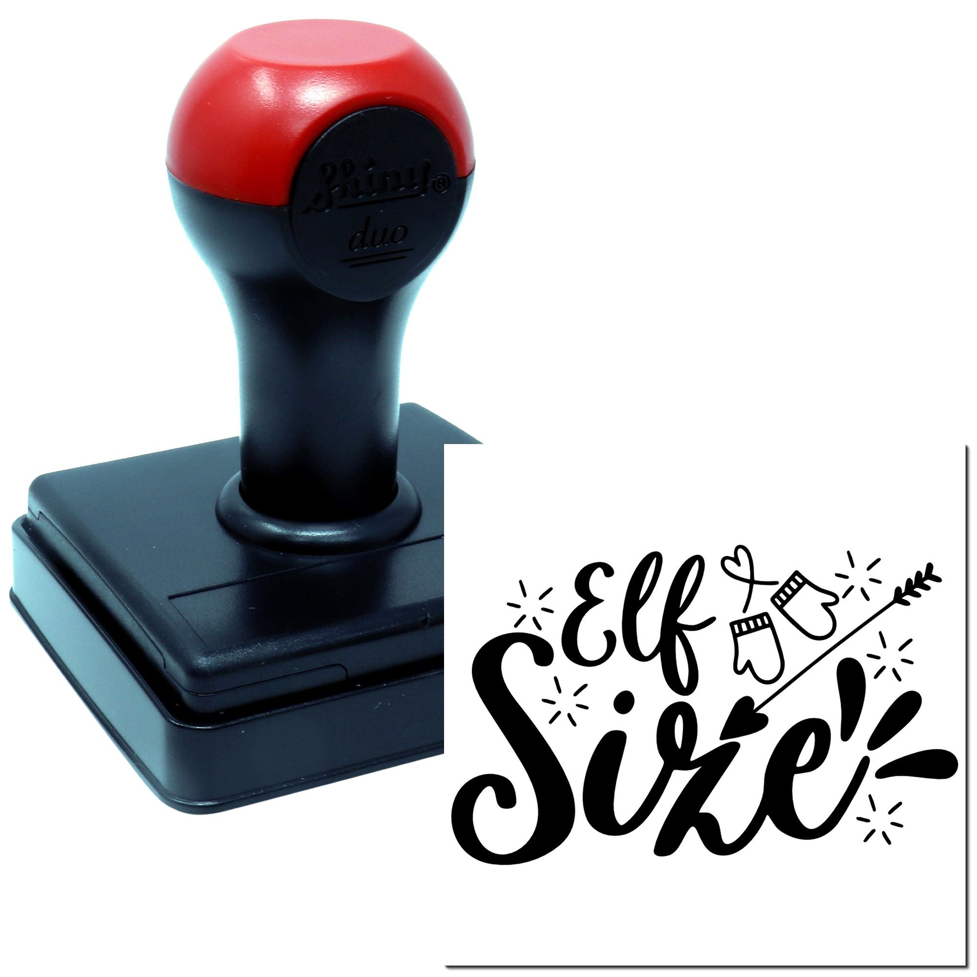 Custom self-inking rubber stamp with Elf Size! design for holiday crafts and labeling.