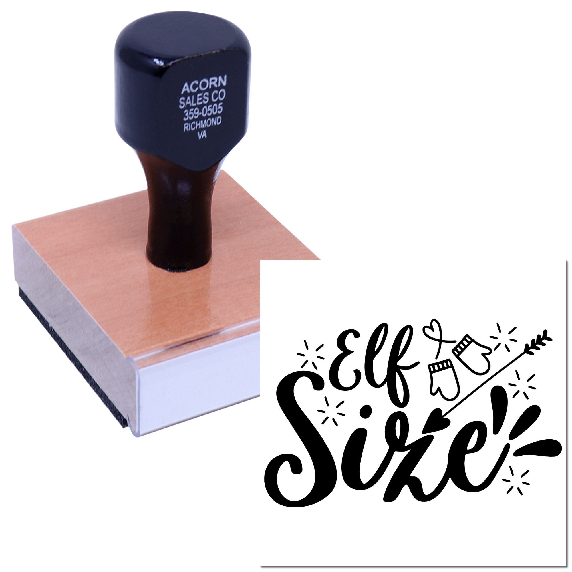Custom rubber stamp with Elf Size! holiday design for festive crafts, gift tags, and seasonal packaging.