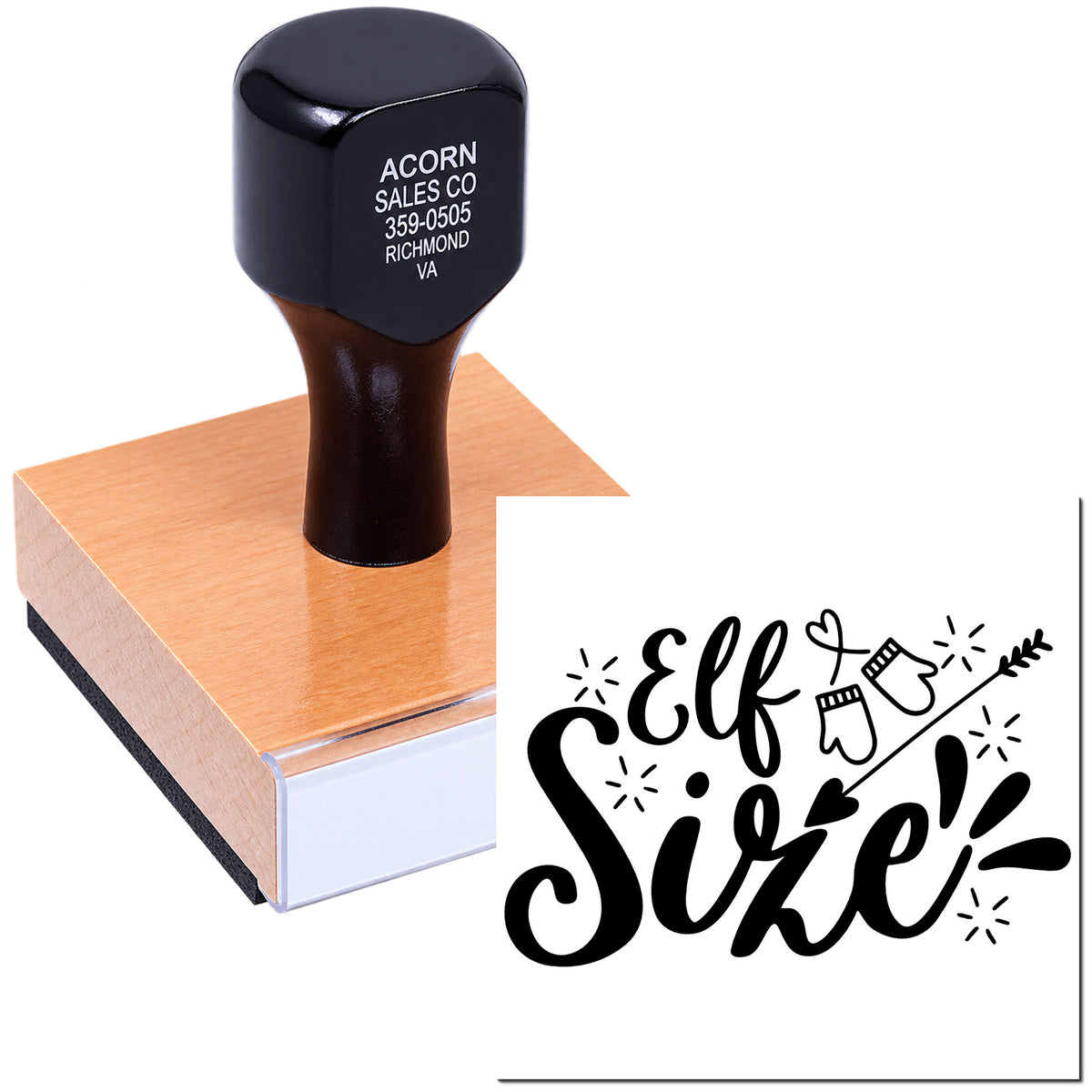 Custom rubber stamp with Elf Size! holiday design for festive crafts, gift tags, and seasonal packaging.