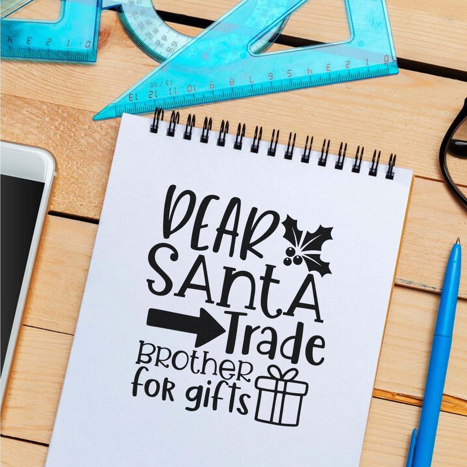 Christmas rubber stamp design reading Dear Santa trade brother for gifts with holly and present icons for holiday crafts.