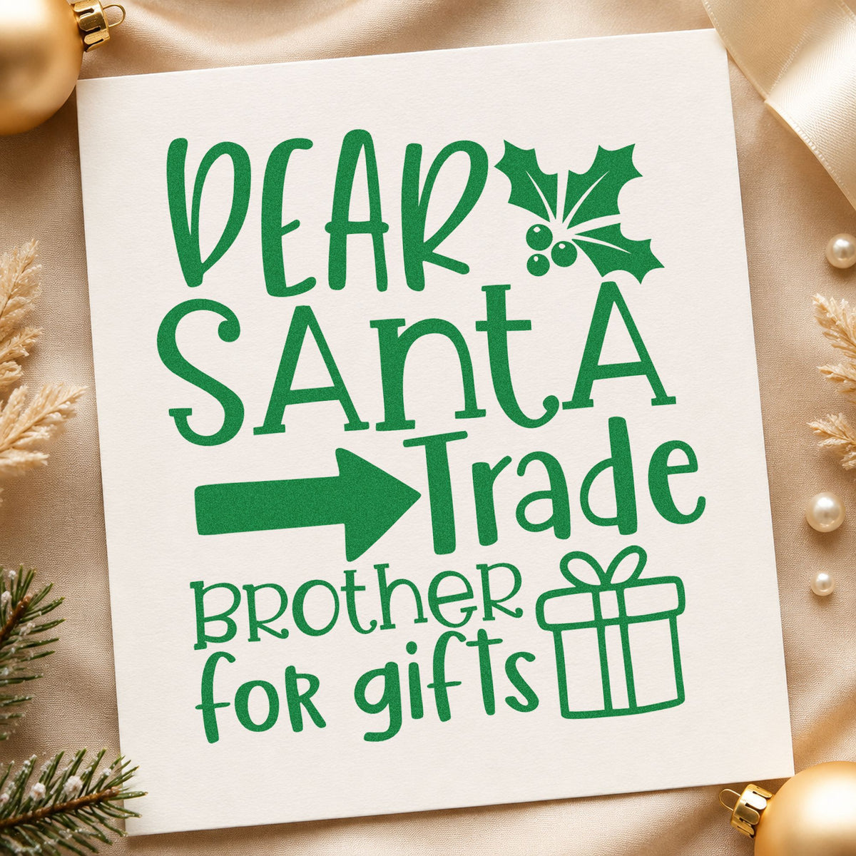 Dear Santa Trade Brother Gifts craft stamp imprint in green ink on a handmade project, one idea being chore swap tags.
