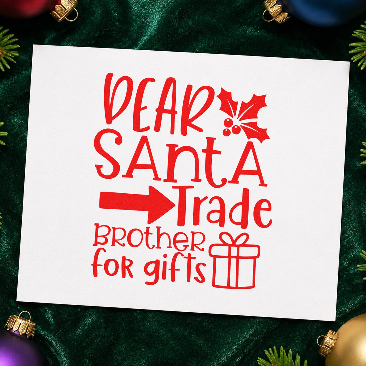 Dear Santa Trade Brother Gifts craft stamp in red ink on cardstock, an easy option for duffel panel printing.