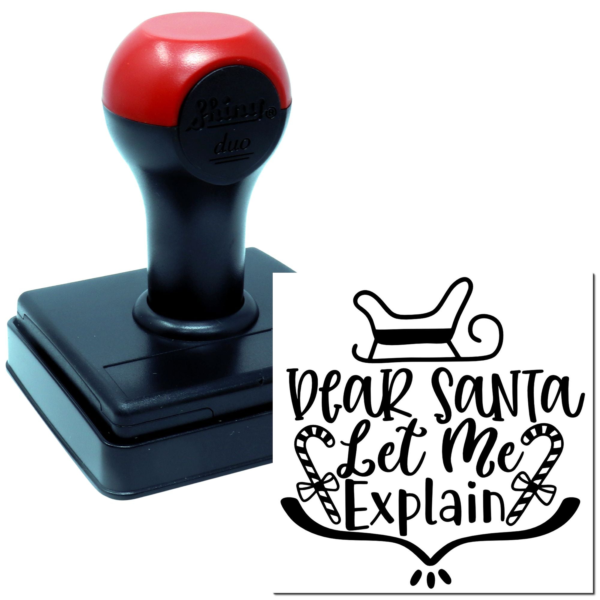 Santa sleigh self-inking rubber stamp with Dear Santa, Let Me Explain Christmas message design.