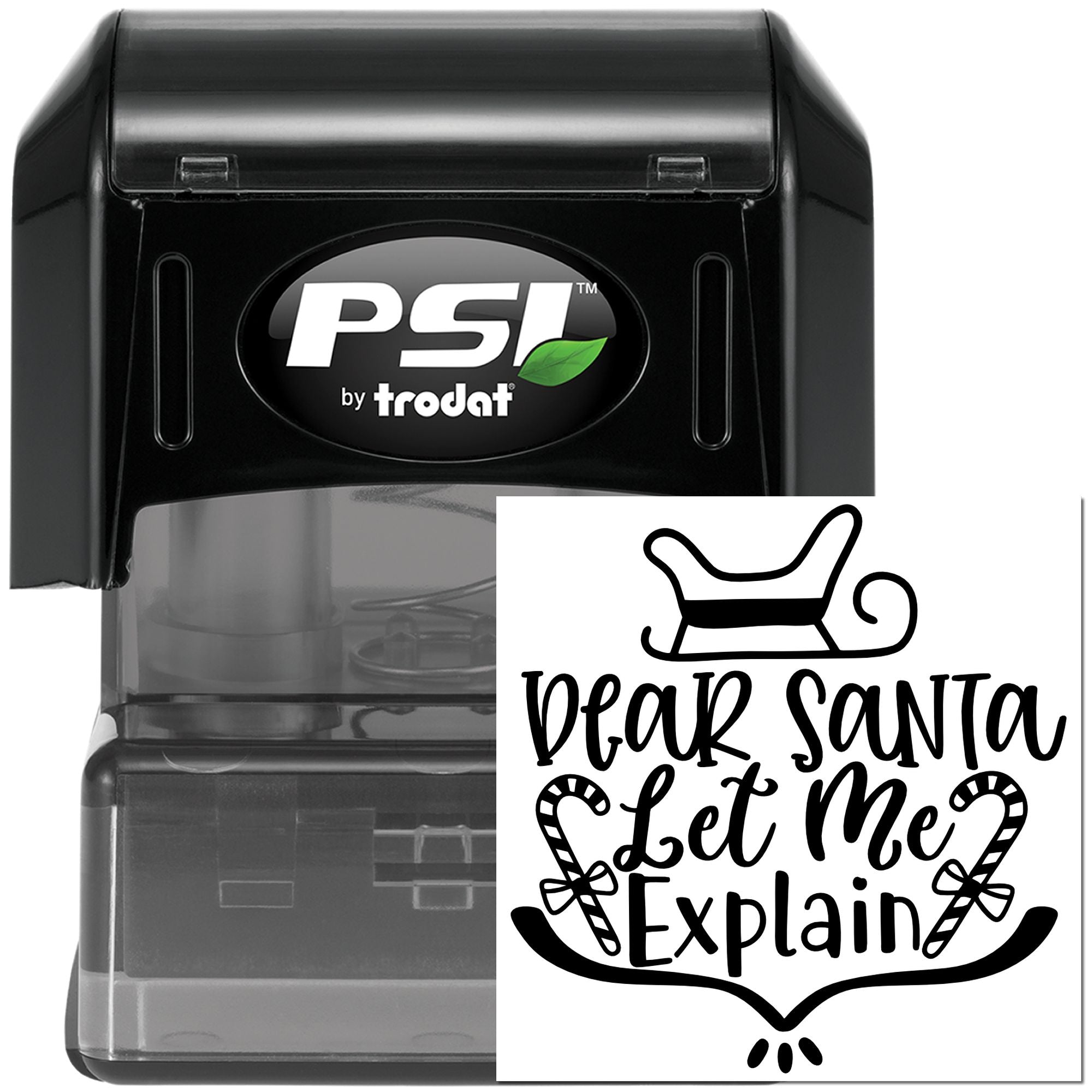 PSI by Trodat self-inking rubber stamp with Dear Santa, Let Me Explain holiday design for Christmas cards and crafts.