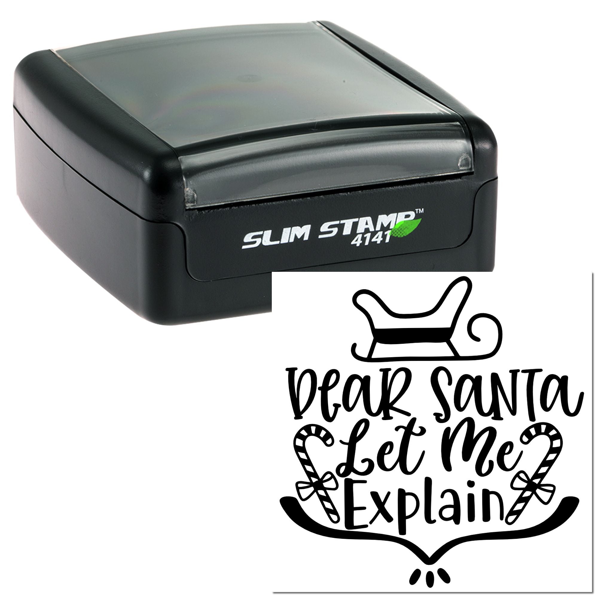 Self-inking rubber stamp with Dear Santa Let Me Explain holiday design, ideal for Christmas cards, gift wrapping, and crafts.