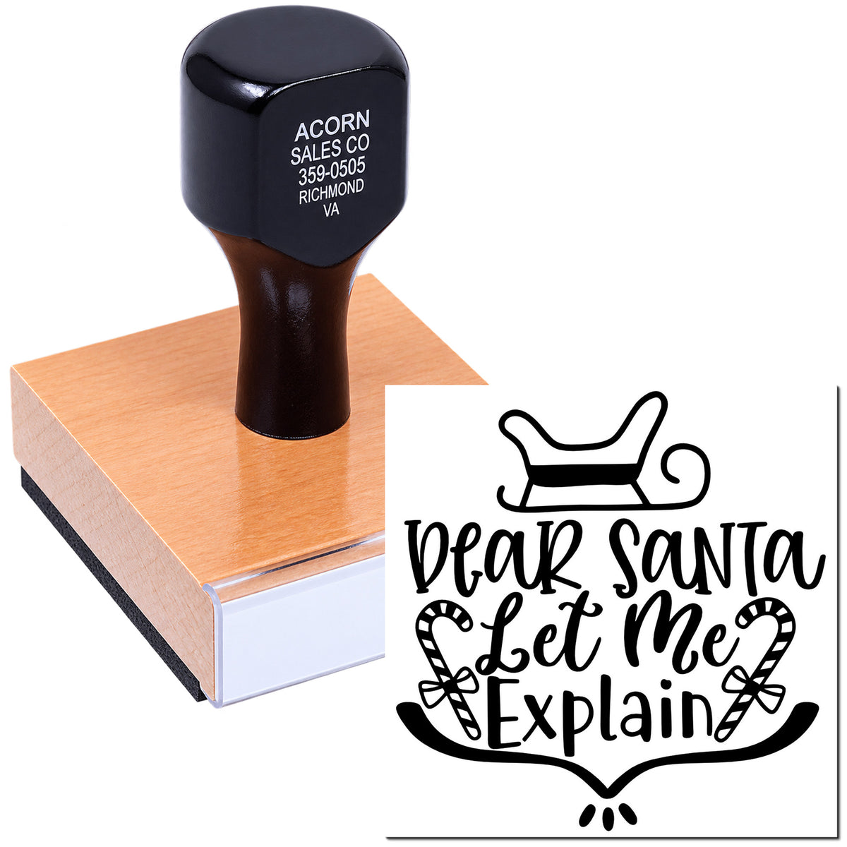 Wooden rubber stamp with Dear Santa Let Me Explain design, perfect for Christmas cards and holiday crafting.