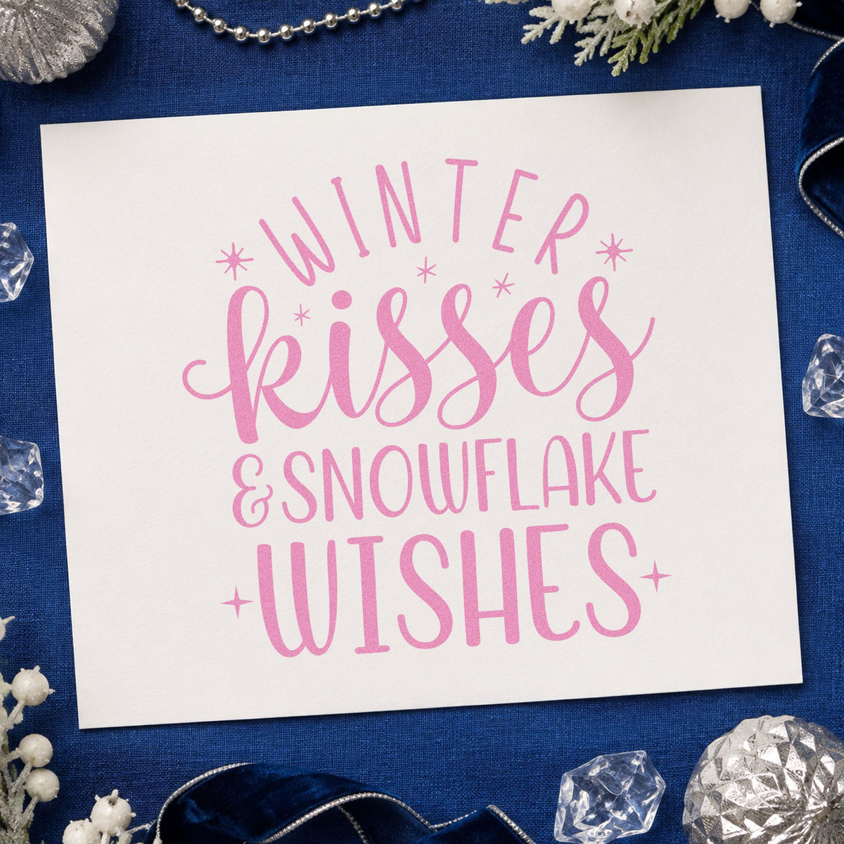 Winter Kisses Snowflake Wishes craft stamp in purple ink on cardstock, an easy option for courtship album page.
