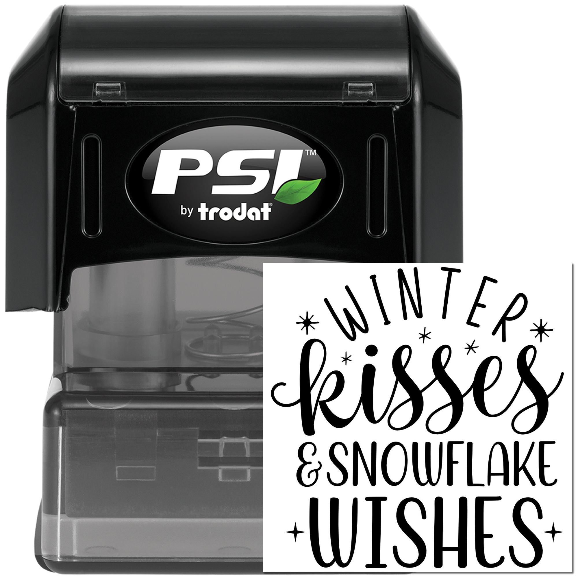 PSI by Trodat self-inking rubber stamp with Winter Kisses & Snowflake Wishes design for holiday cards and crafts.