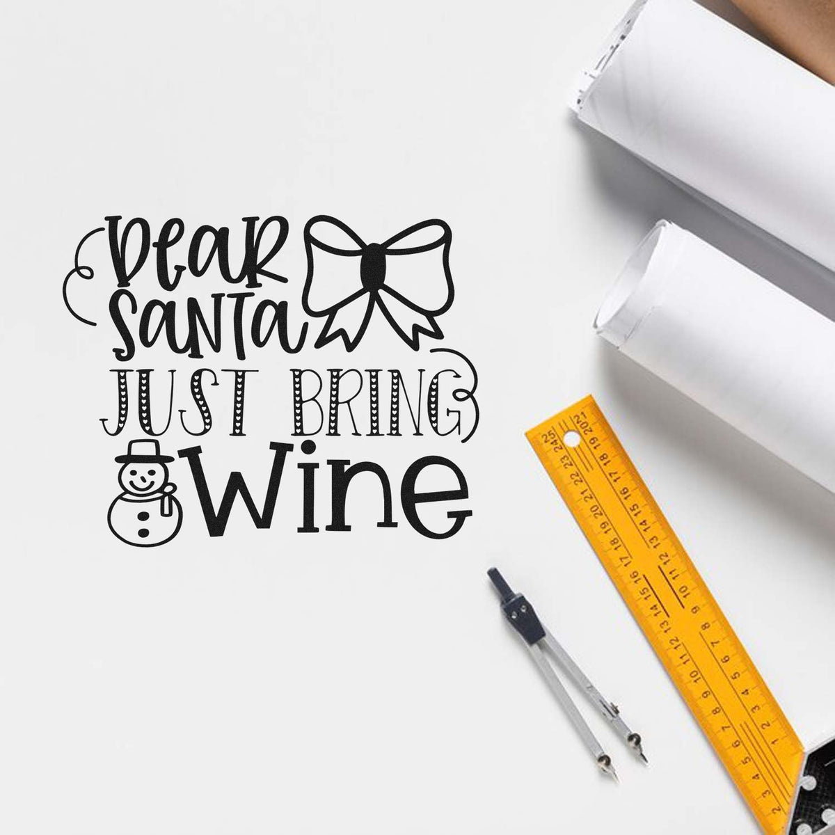 Premium Wooden Dear Santa Just Bring Wine Snowman Stamp - Vintage Pro imprint stamped in black ink. The phrase "Dear Santa just bring wine" includes a large bow and a small snowman.