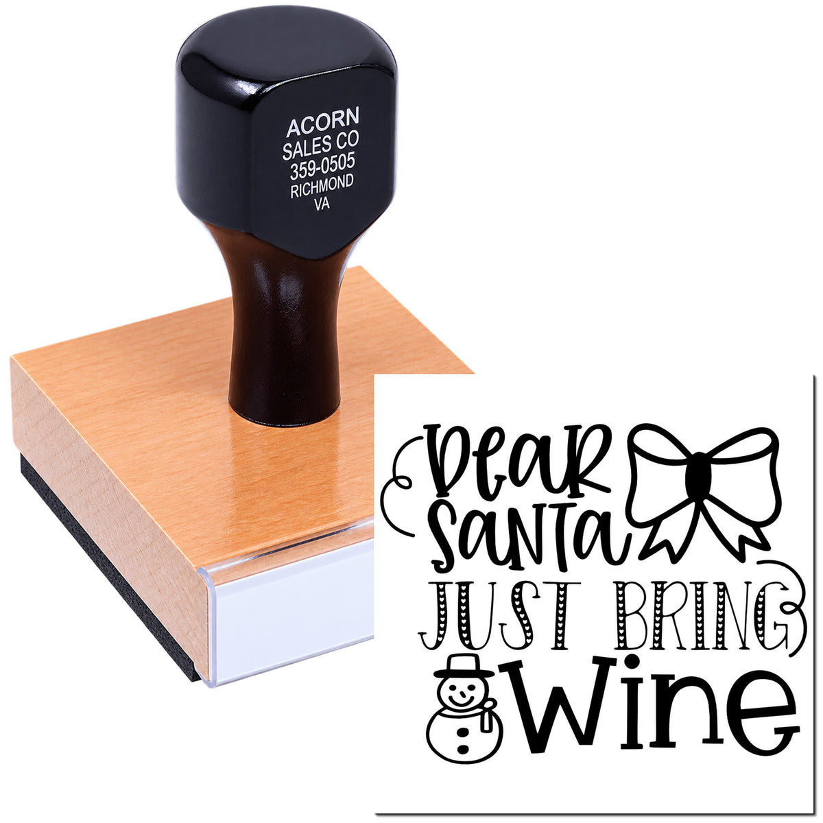 Custom Christmas rubber stamp with Dear Santa Just Bring Wine holiday design, bow, and snowman for gift wrapping.