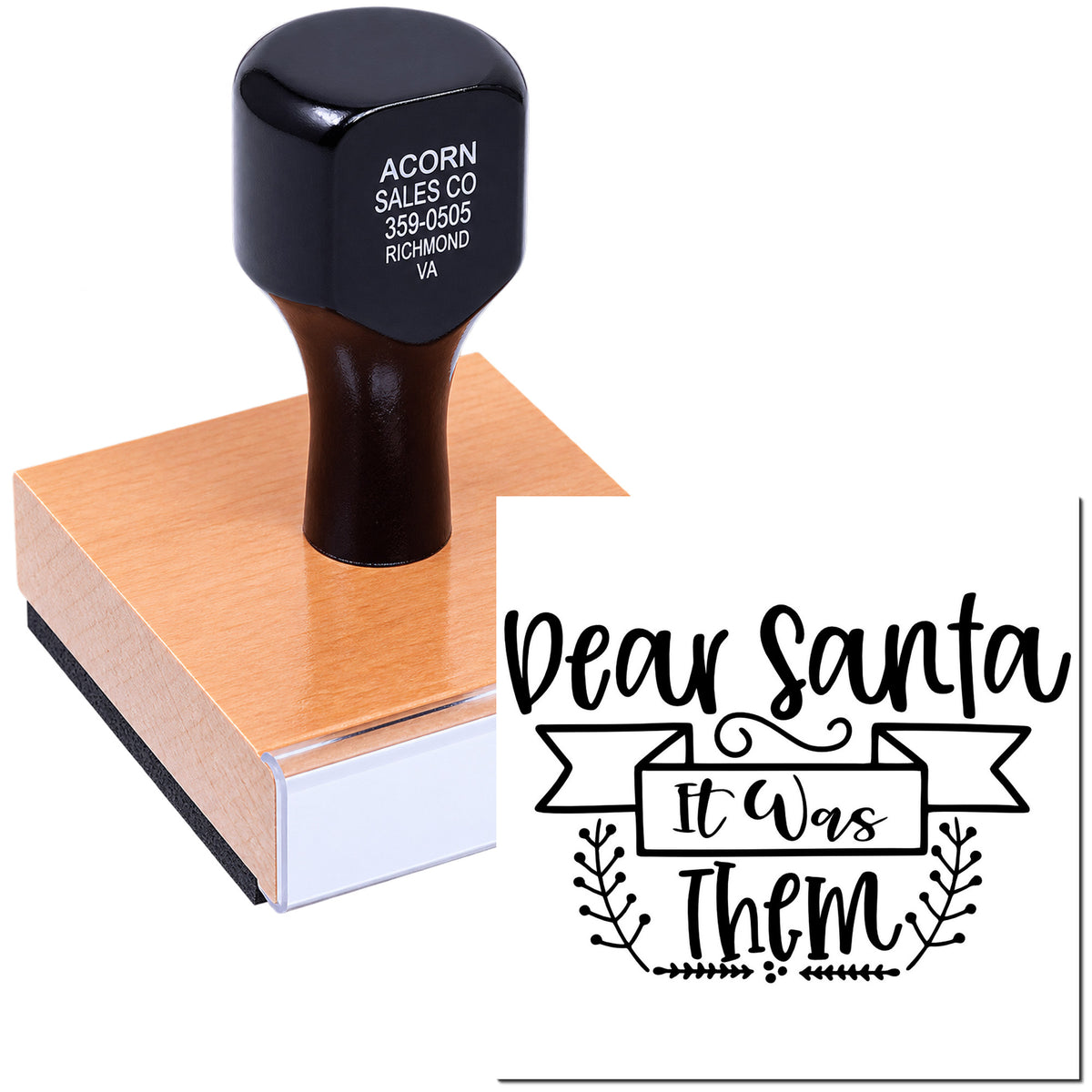 Custom rubber stamp with Dear Santa It Was Them holiday design for festive Christmas cards, notes, and gift packaging.