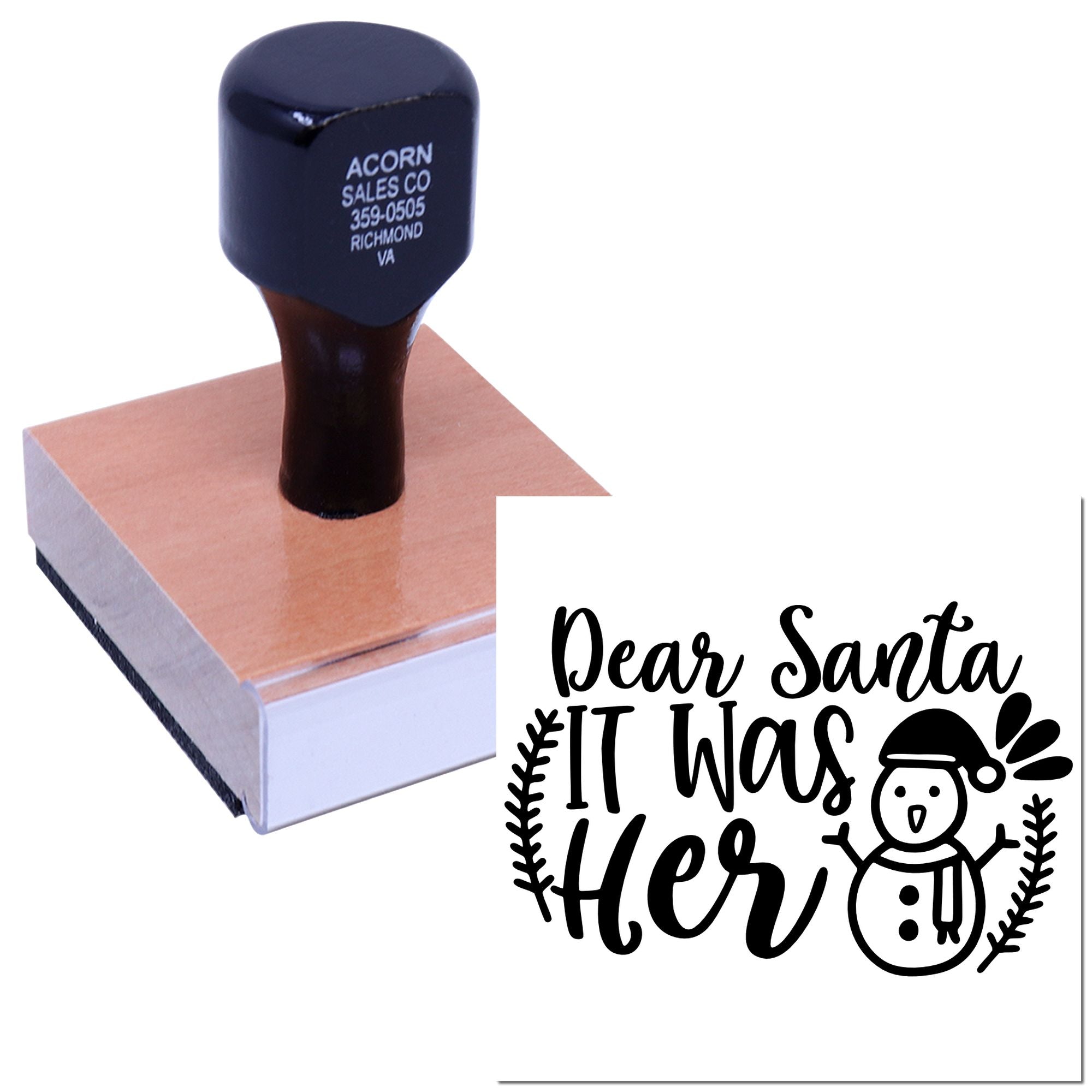 Custom rubber stamp with Dear Santa It Was Her snowman design for holiday cards, gift tags, and Christmas crafts.