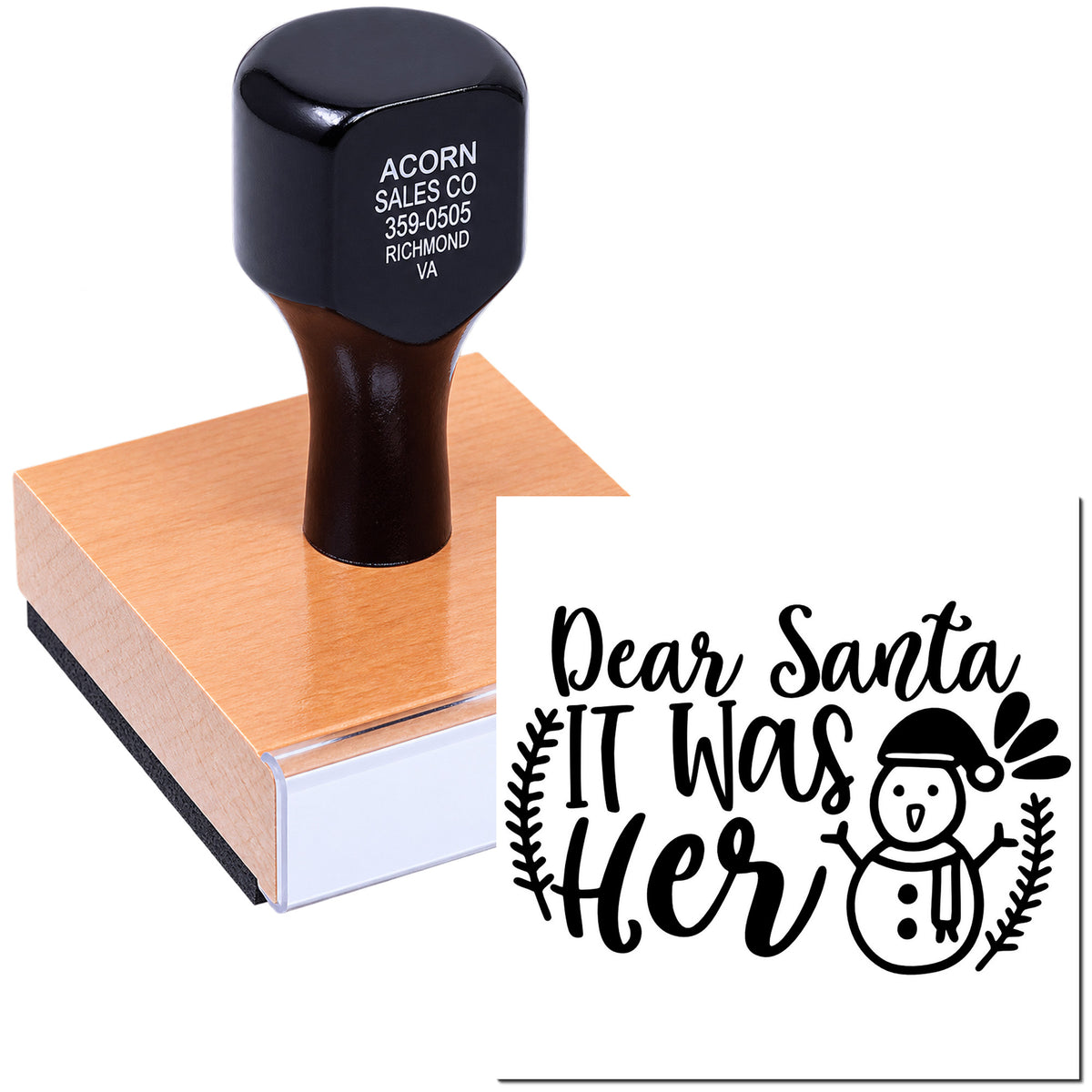 Custom rubber stamp with Dear Santa It Was Her snowman design for holiday cards, gift tags, and Christmas crafts.