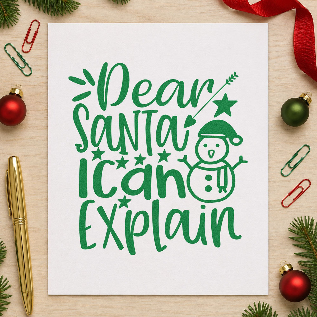 Dear Santa I Can Explain Snowman craft stamp imprint in green ink on a handmade project, one idea being make up gift tags.