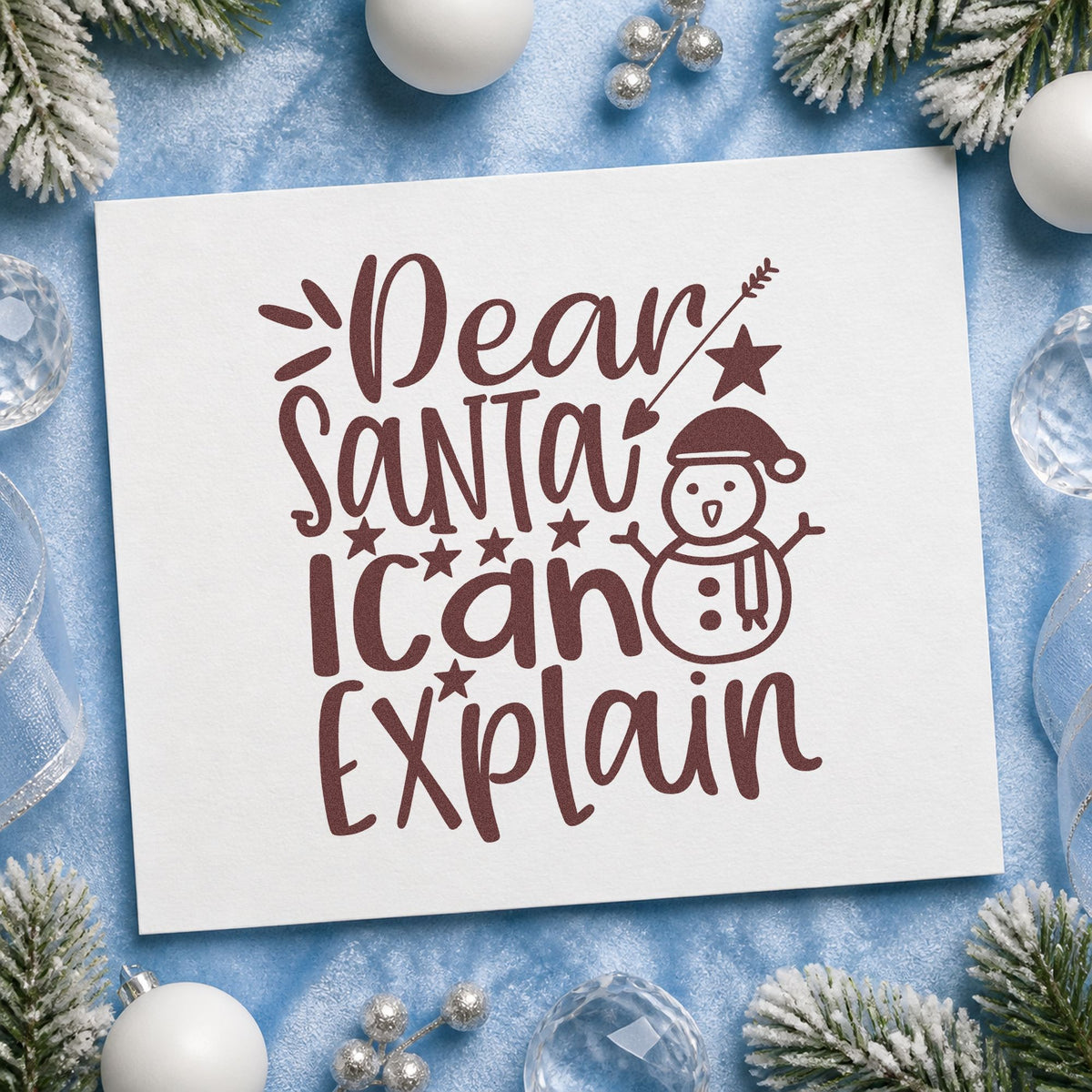 Dear Santa I Can Explain Snowman rubber stamp printed in brown ink, ready for amends note sheet and similar paper crafts.