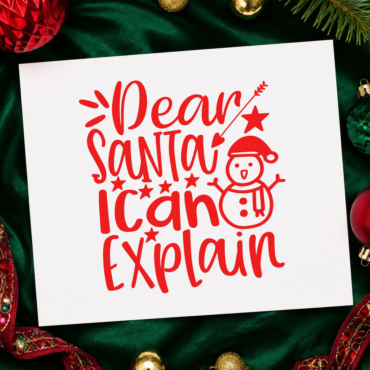 Dear Santa I Can Explain Snowman rubber stamp shown in red ink, stamped for projects such as keepsake jar labels.