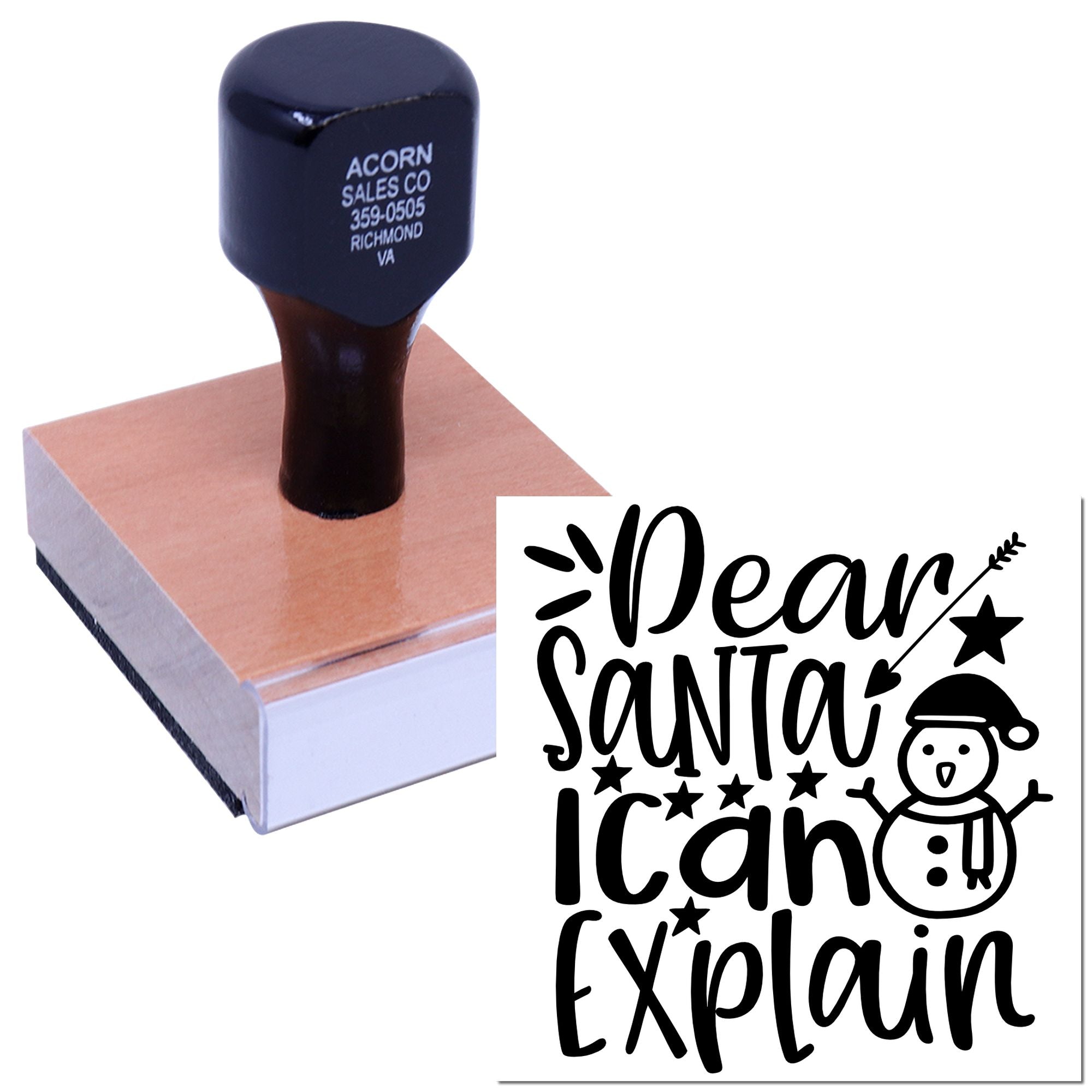 Custom self-inking rubber stamp with Dear Santa, I Can Explain holiday design and snowman graphic.
