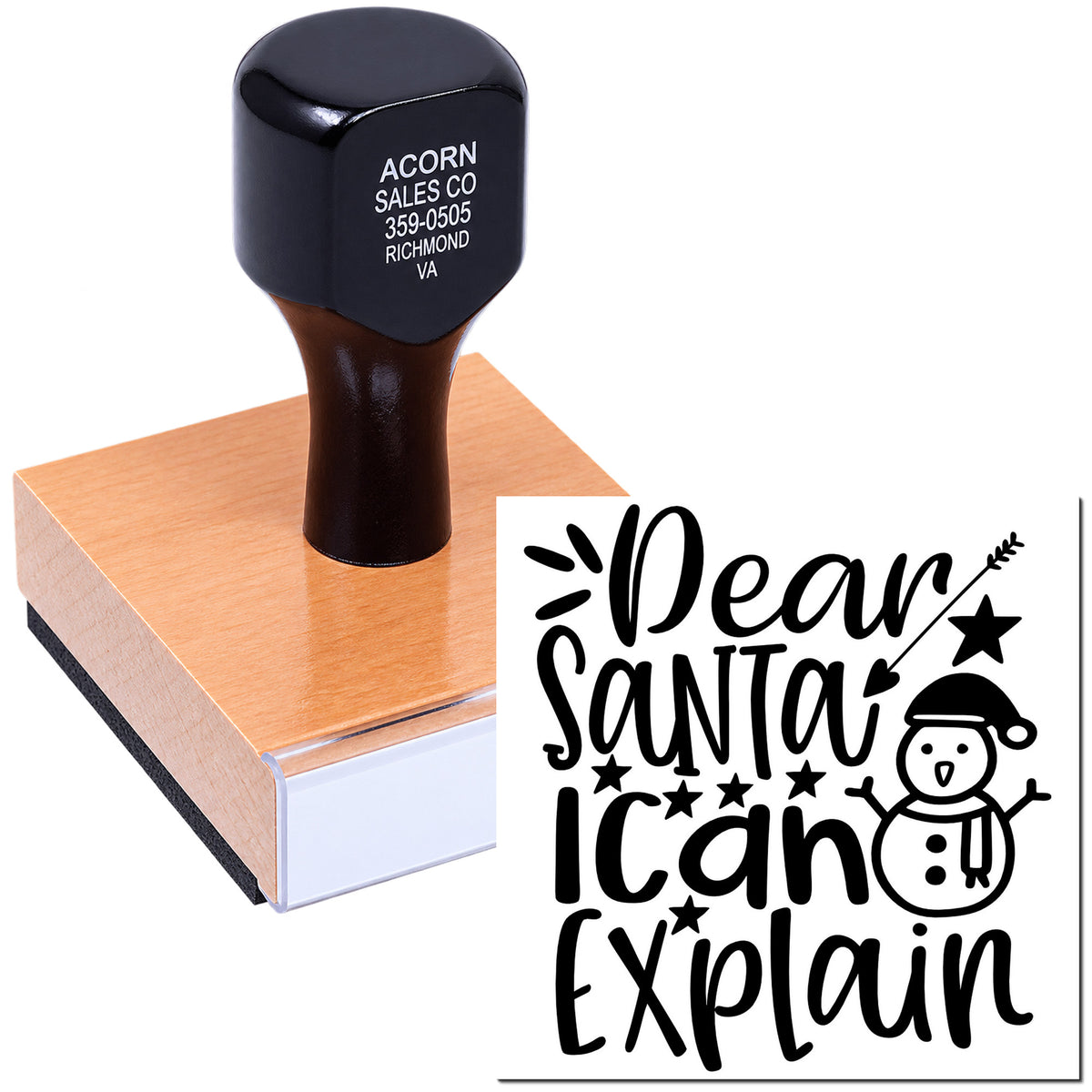 Custom self-inking rubber stamp with Dear Santa, I Can Explain holiday design and snowman graphic.