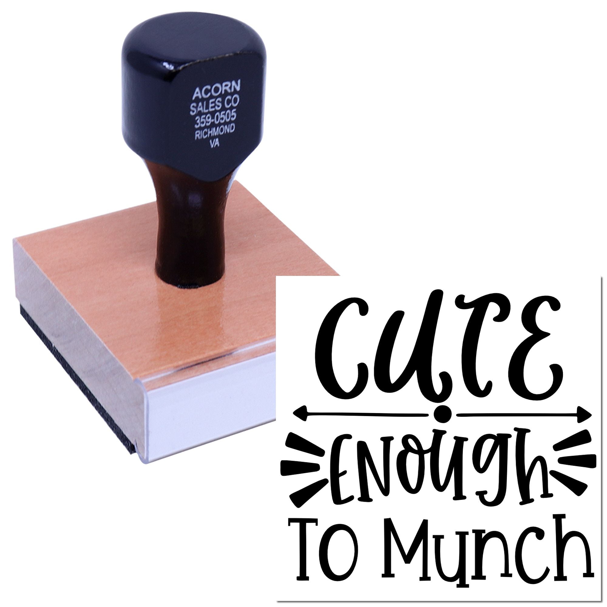 Custom rubber stamp with Cute Enough to Munch design for bakery packaging, crafts, and small business branding.