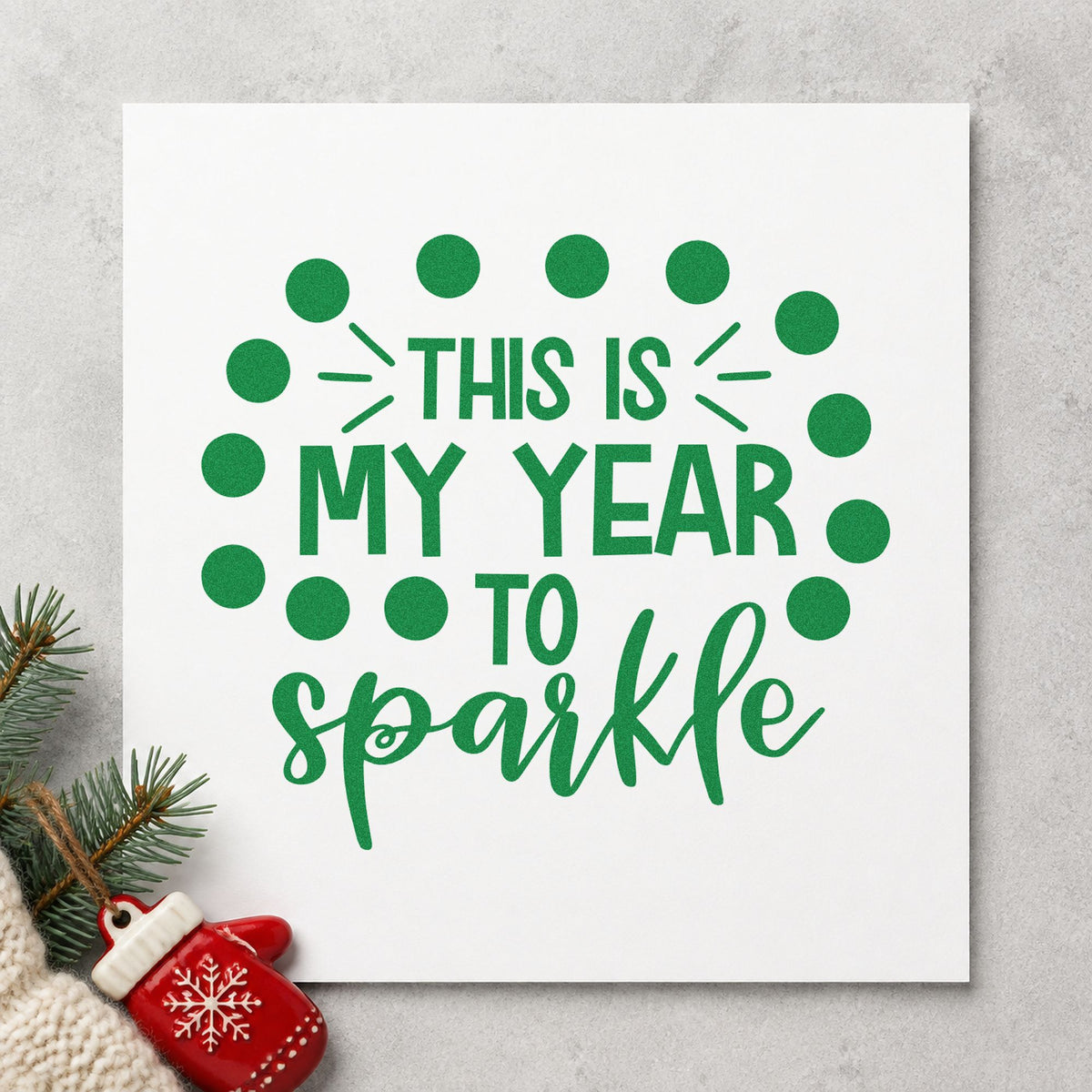 My Year To Sparkle Dots craft stamp imprint in green ink on a handmade project, one idea being goal kit gift tags.