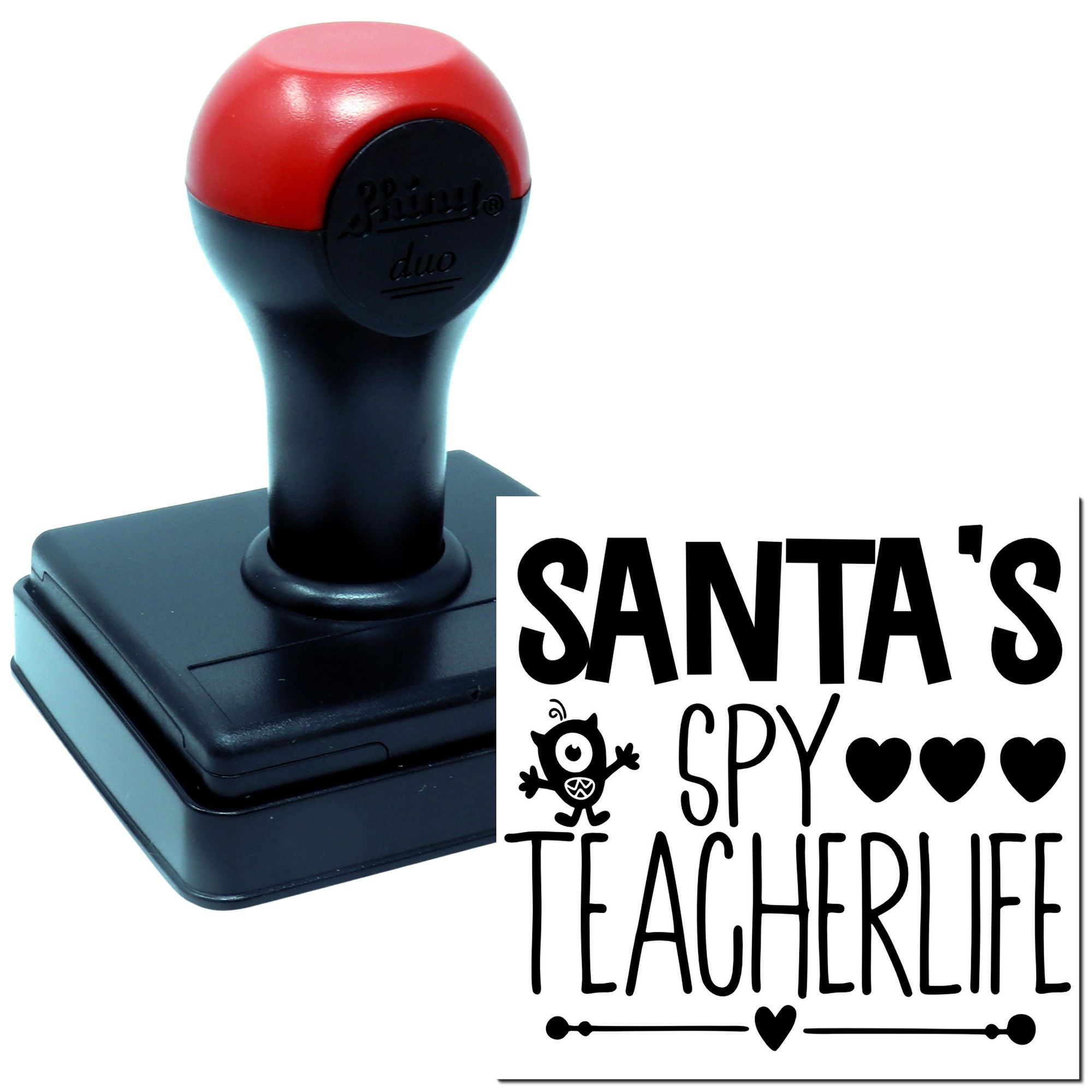 Custom self-inking rubber stamp with Santas Spy Teacherlife design for teacher gifts and holiday classroom fun.