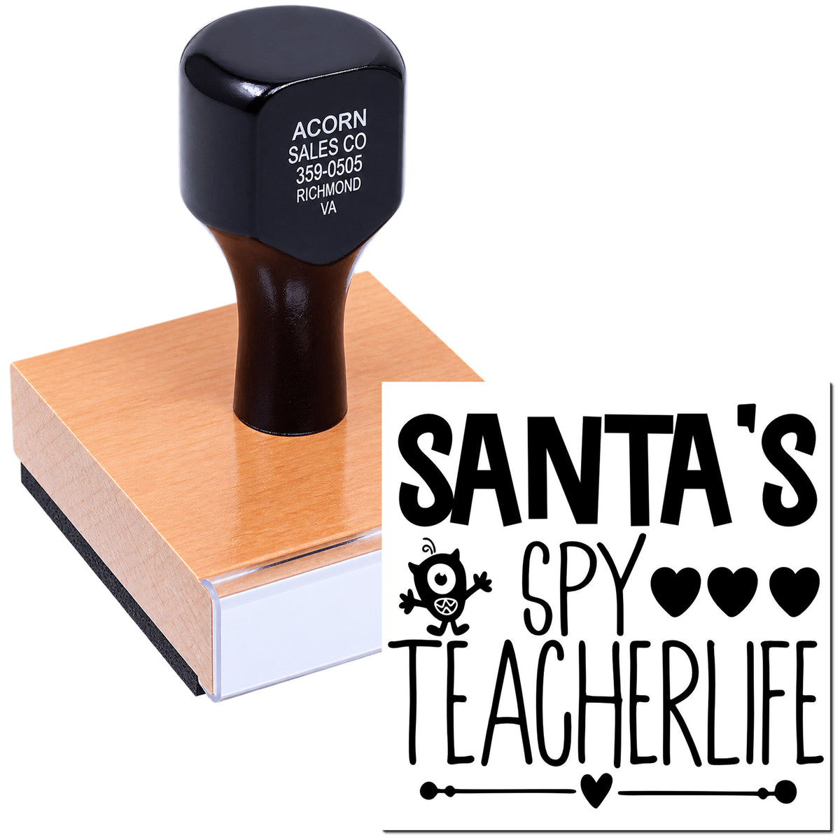 Custom rubber stamp with Santas Spy Teacher Life design for holiday teacher gifts, classroom crafts, and festive stamping.