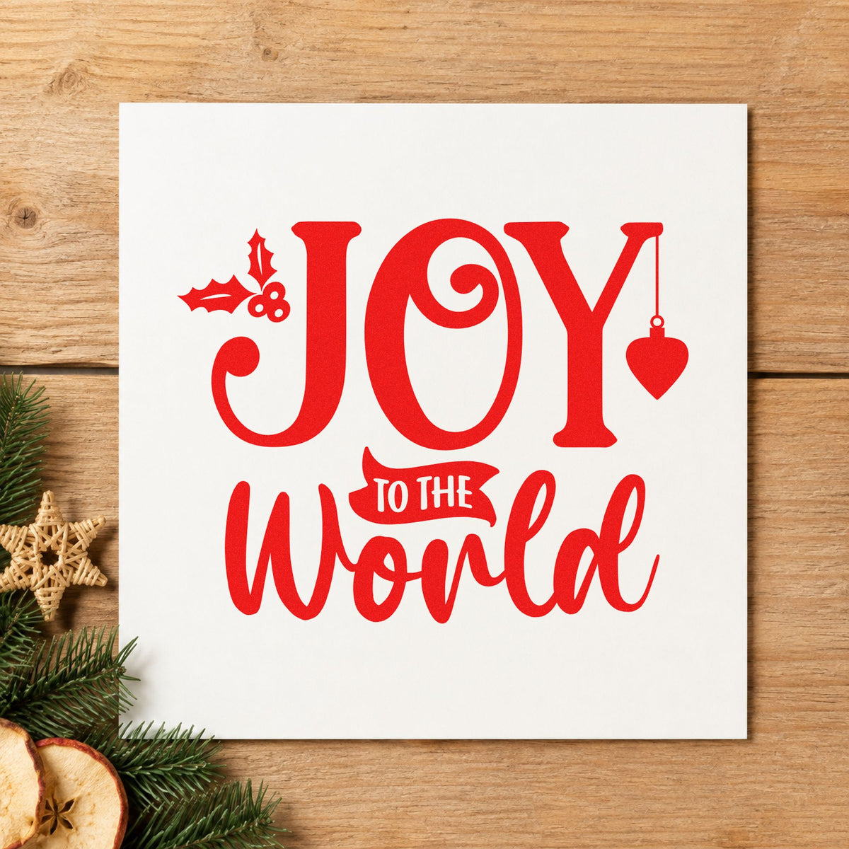 Joy To The World Holly craft stamp in red ink on cardstock, an easy option for felt shape printing.