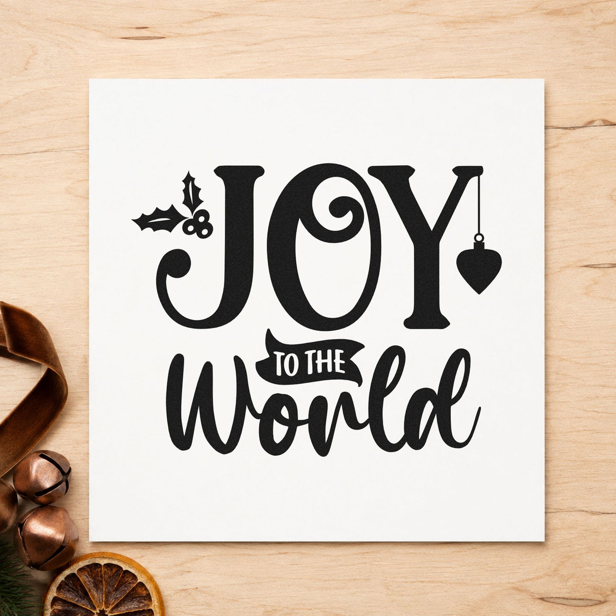 Joy To The World Holly rubber stamp printed in black ink, ready for hanging heart cards and similar paper crafts.