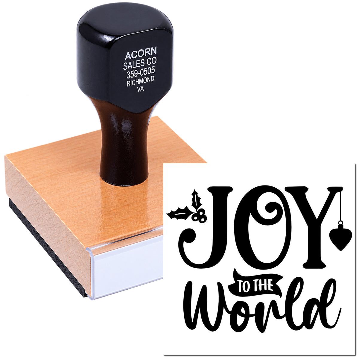 Custom holiday rubber stamp with Joy to the World design for Christmas cards, gift tags, and festive crafts.