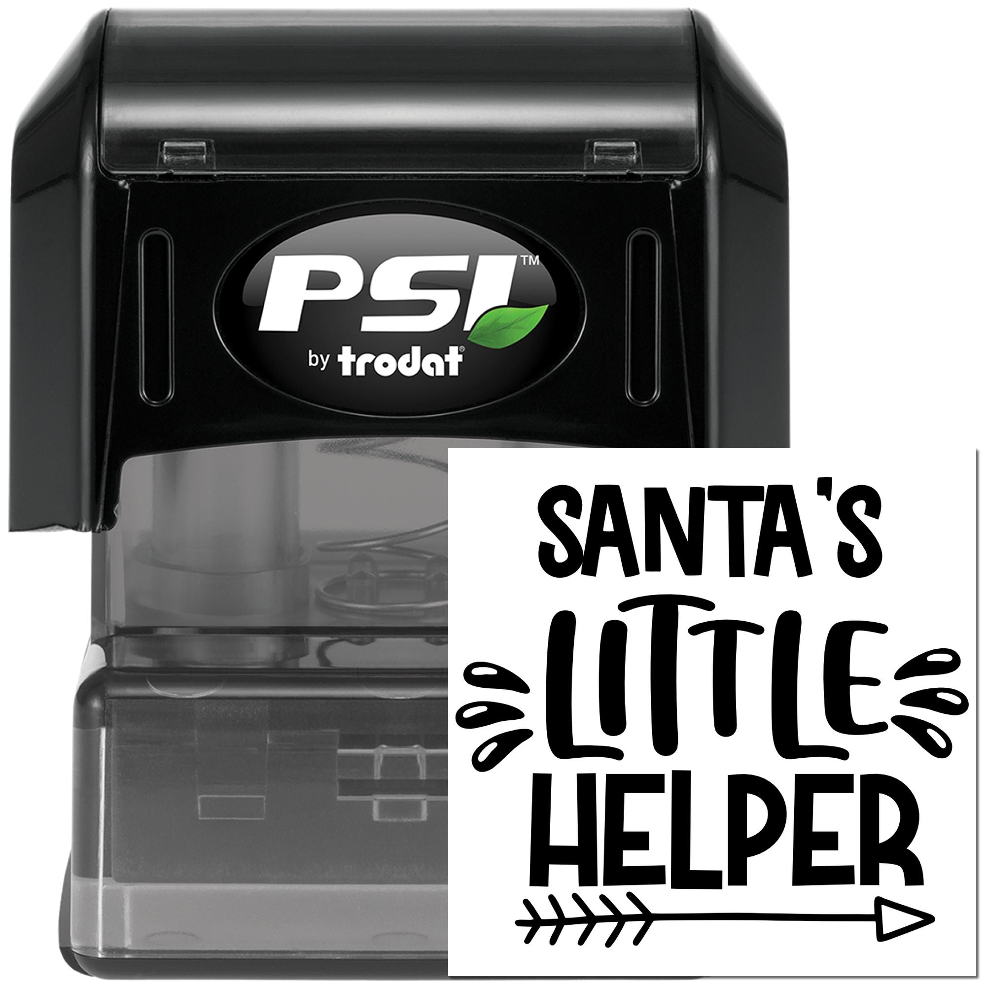 PSI by Trodat self-inking rubber stamp with Santas Little Helper design for holiday crafts and gift packaging.