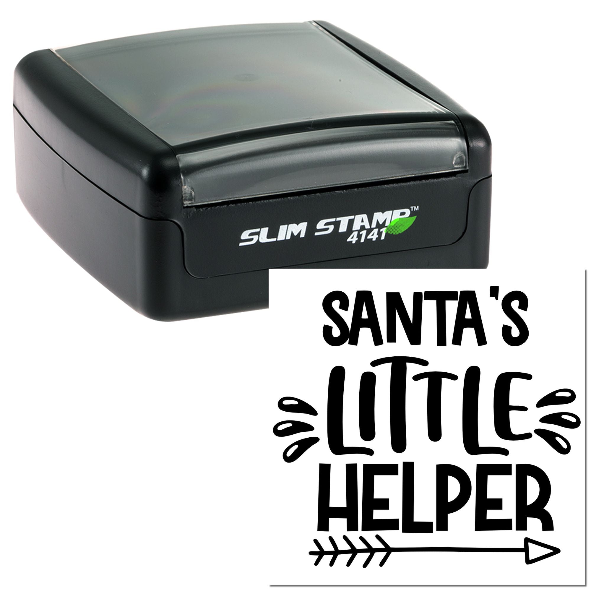 Self-inking rubber stamp with Santas Little Helper imprint for holiday crafts, gift tags, and packaging.