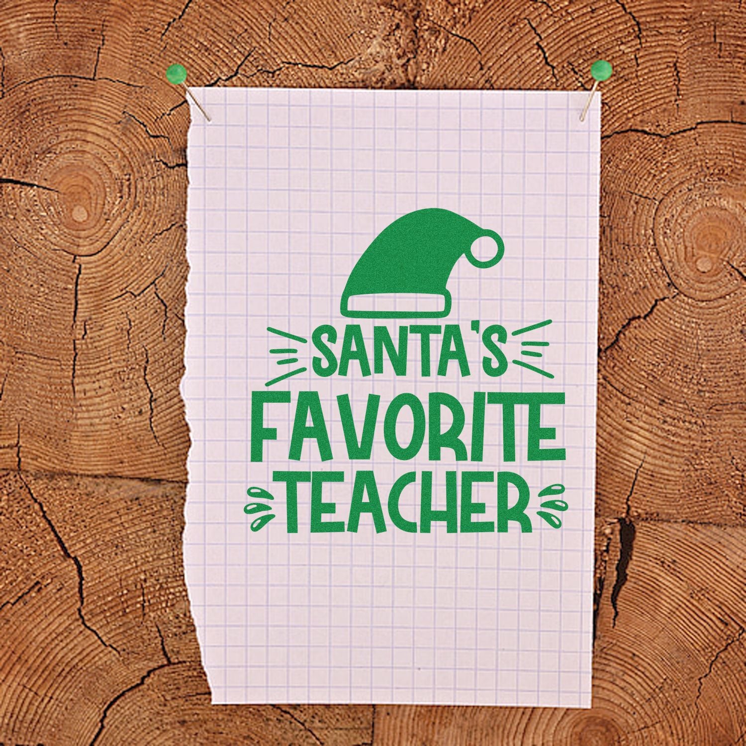 Santas Favorite Teacher rubber stamp design with Santa hat, ideal for holiday teacher gift crafts.