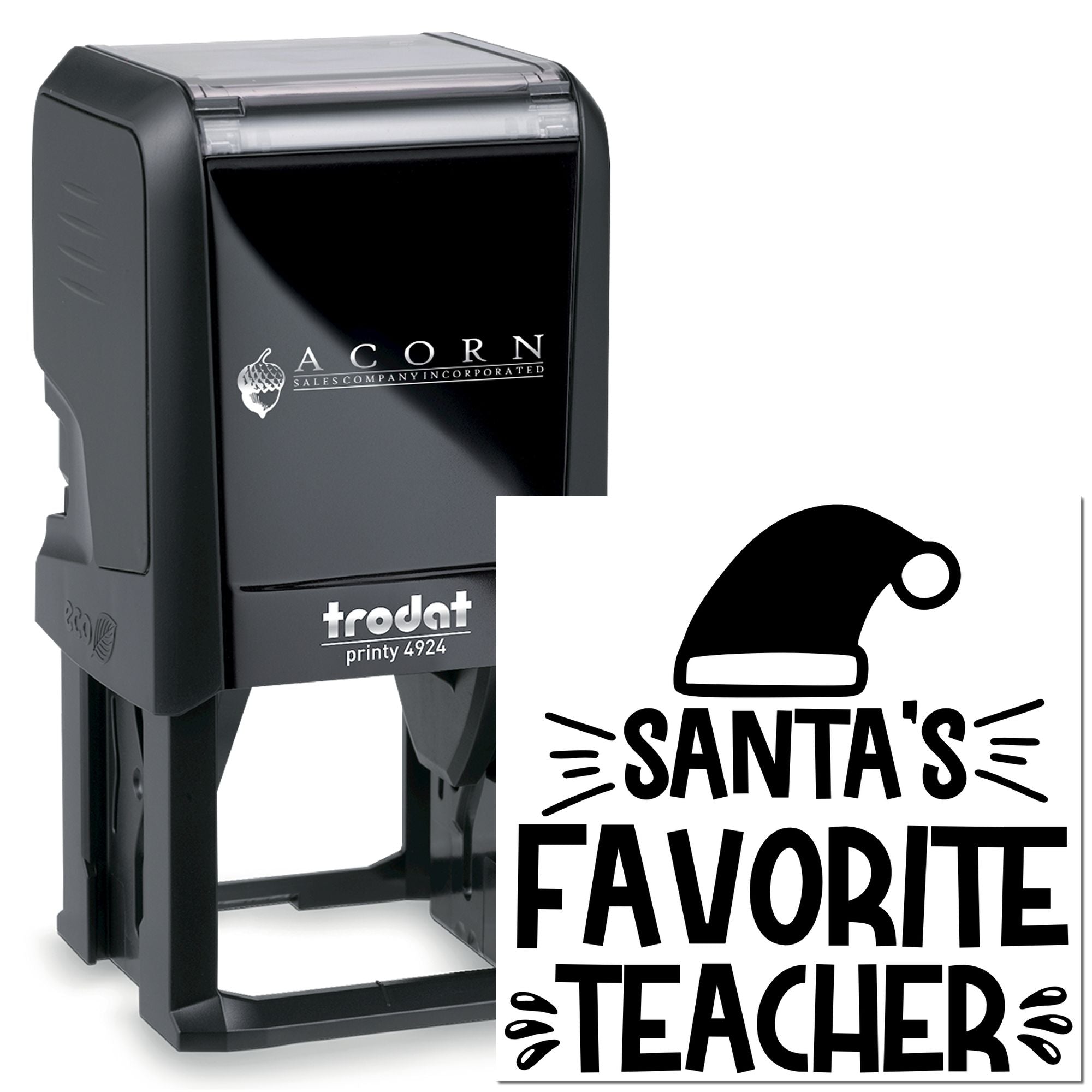 Self-inking rubber stamp with custom Santas Favorite Teacher design for holiday teacher gifts and classroom use.