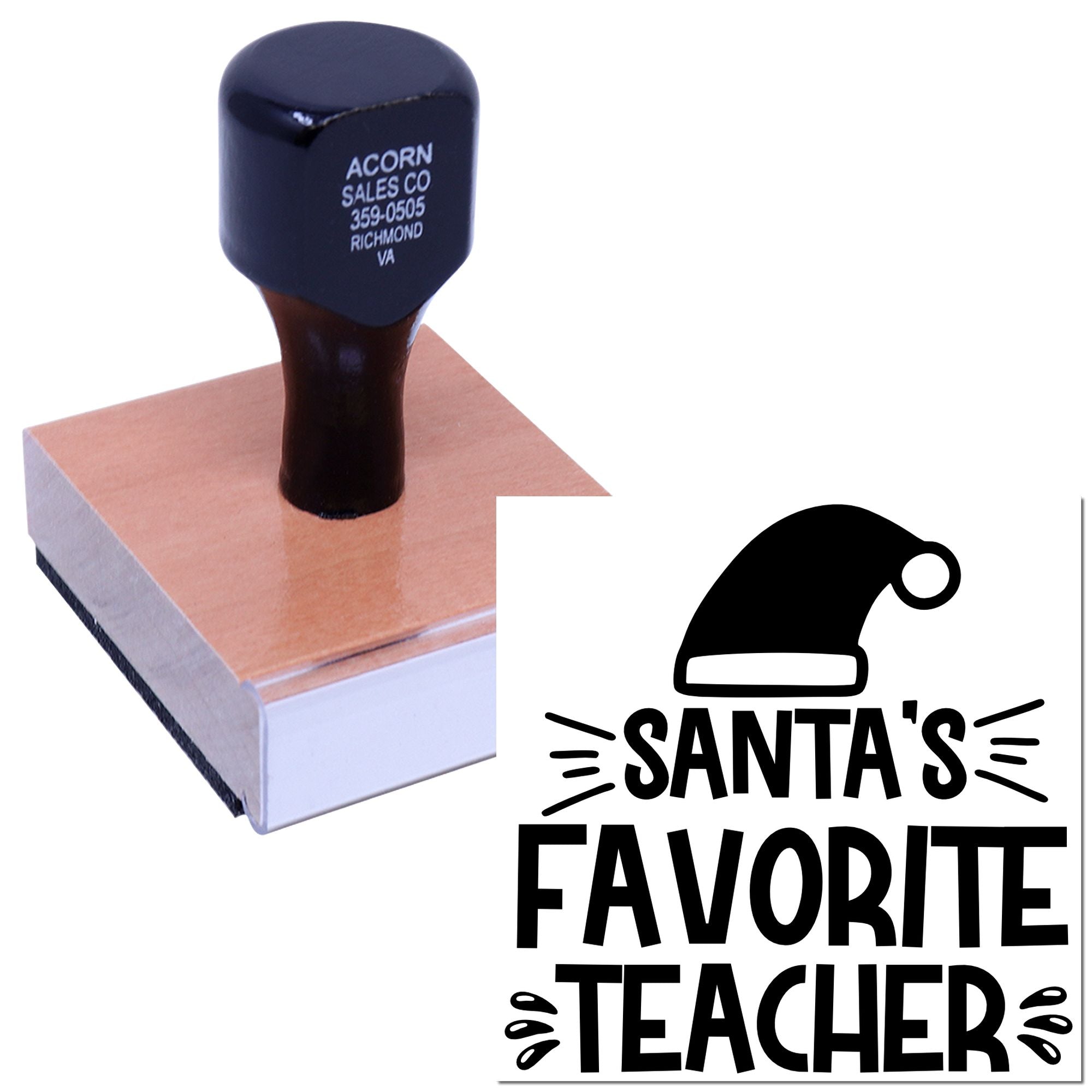 Custom Santas Favorite Teacher rubber stamp, self-inking stamp for holiday classroom gifts and teacher appreciation.