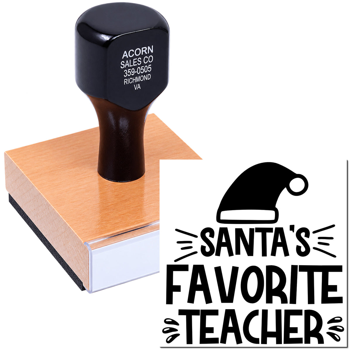Custom Santas Favorite Teacher rubber stamp, self-inking stamp for holiday classroom gifts and teacher appreciation.