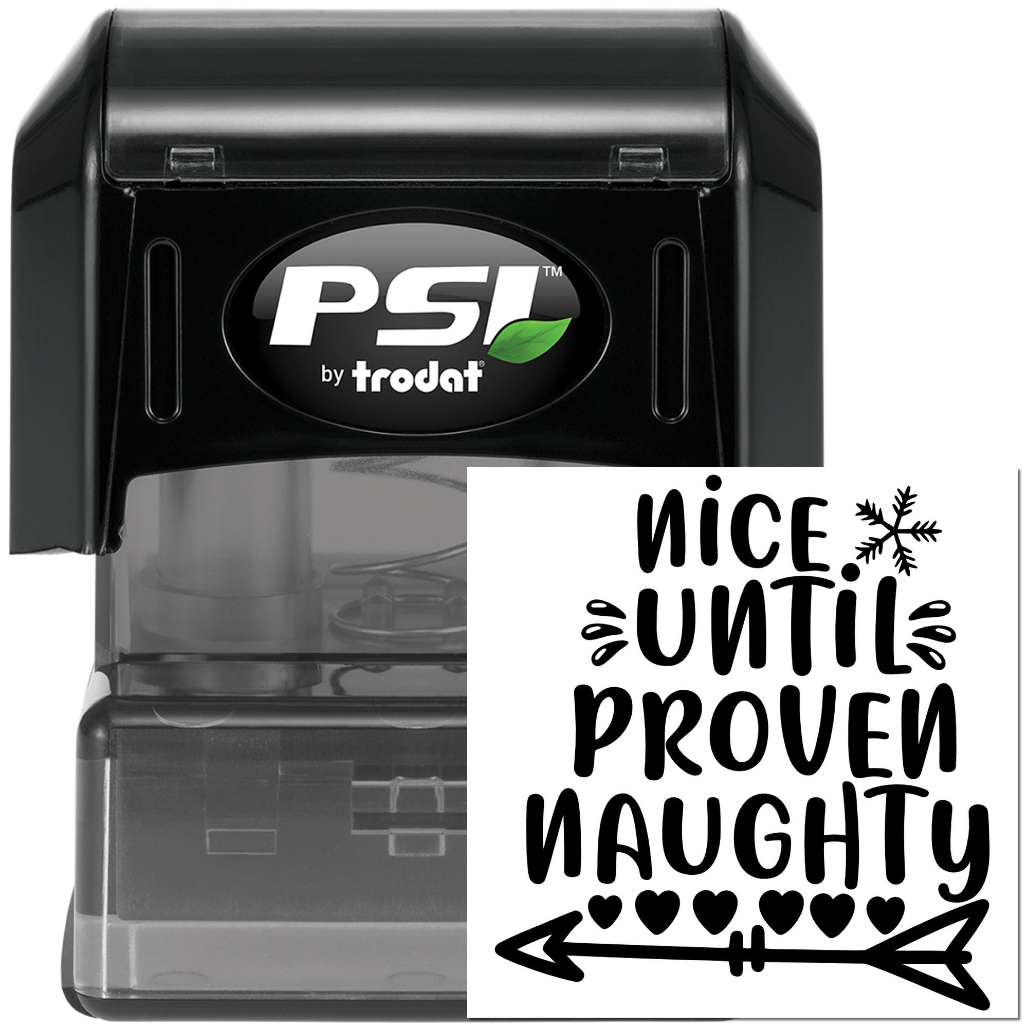 Self-inking rubber stamp with Nice Until Proven Naughty quote, perfect for holiday cards, crafts, and gift tags.