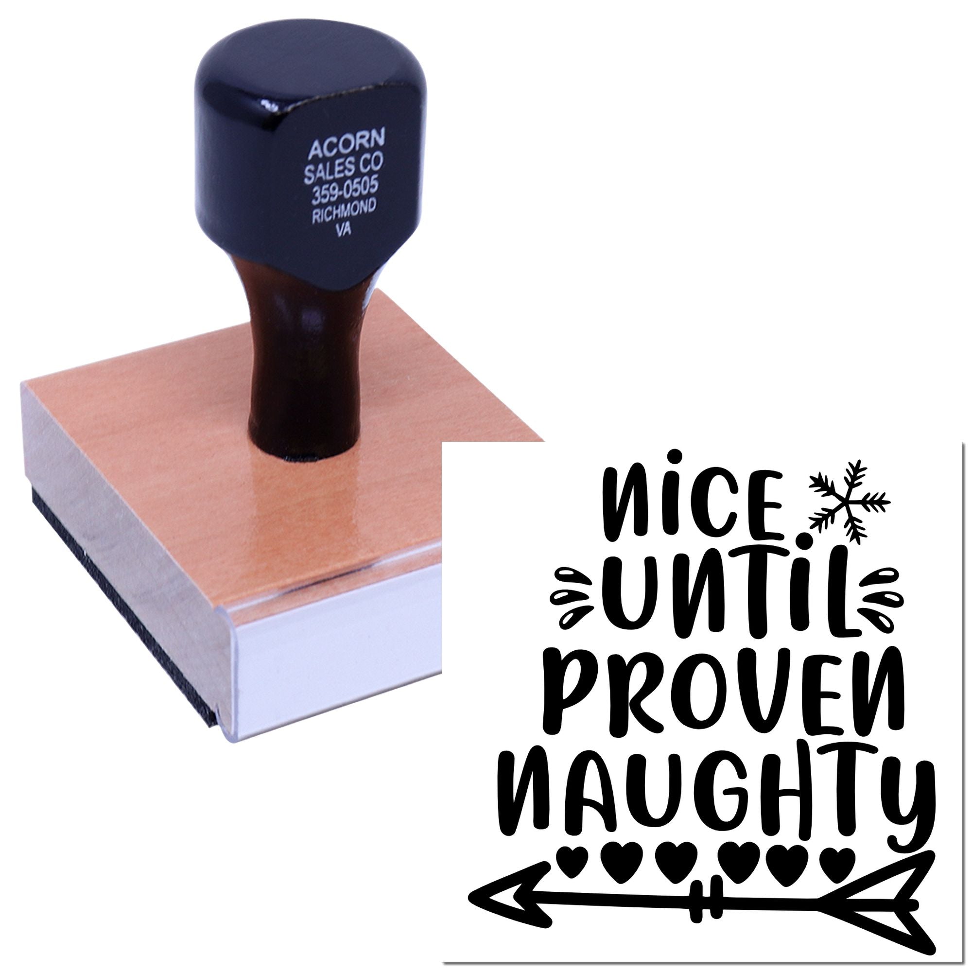 Custom holiday rubber stamp with Nice Until Proven Naughty design for festive cards, crafts, and gift tags.