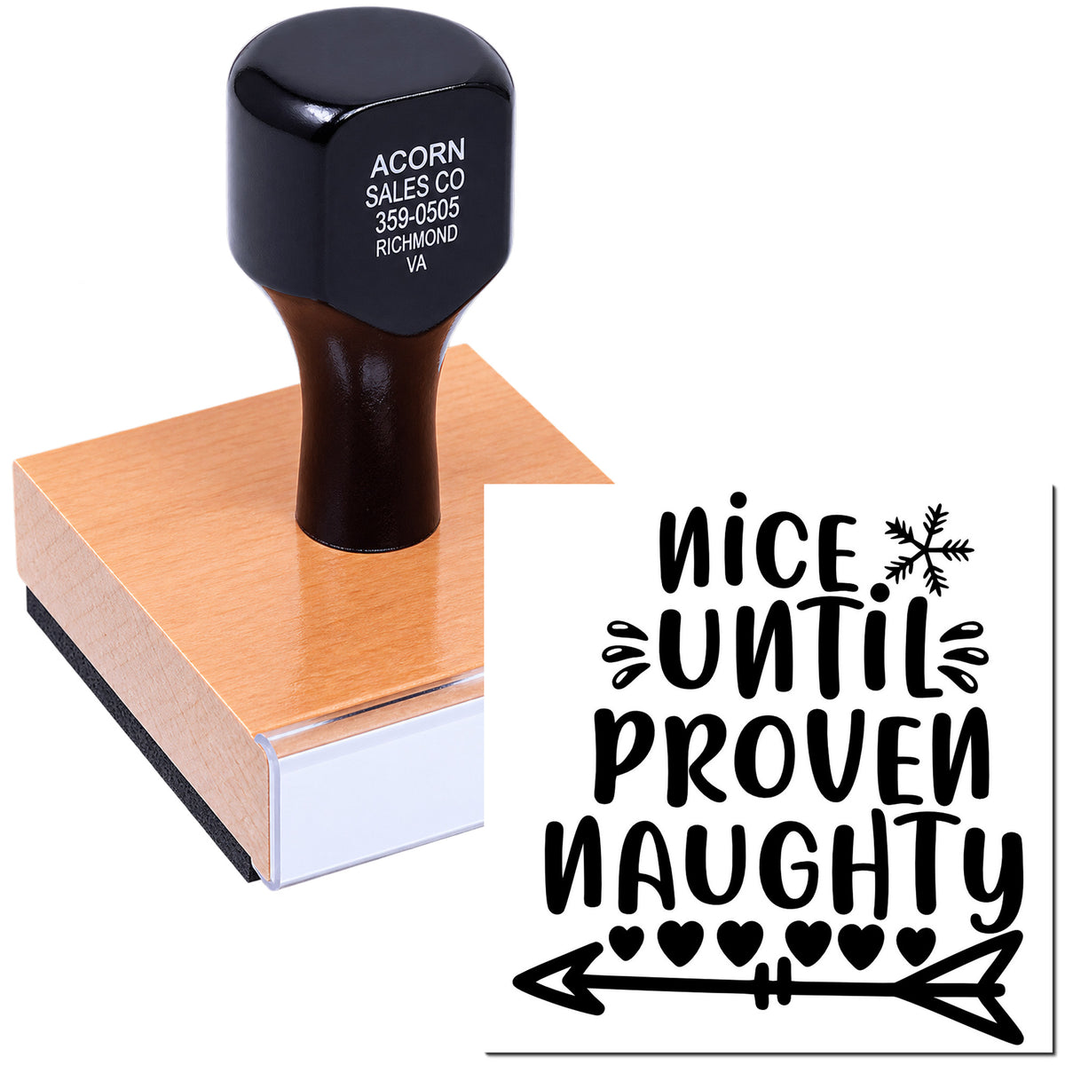 Custom holiday rubber stamp with Nice Until Proven Naughty design for festive cards, crafts, and gift tags.
