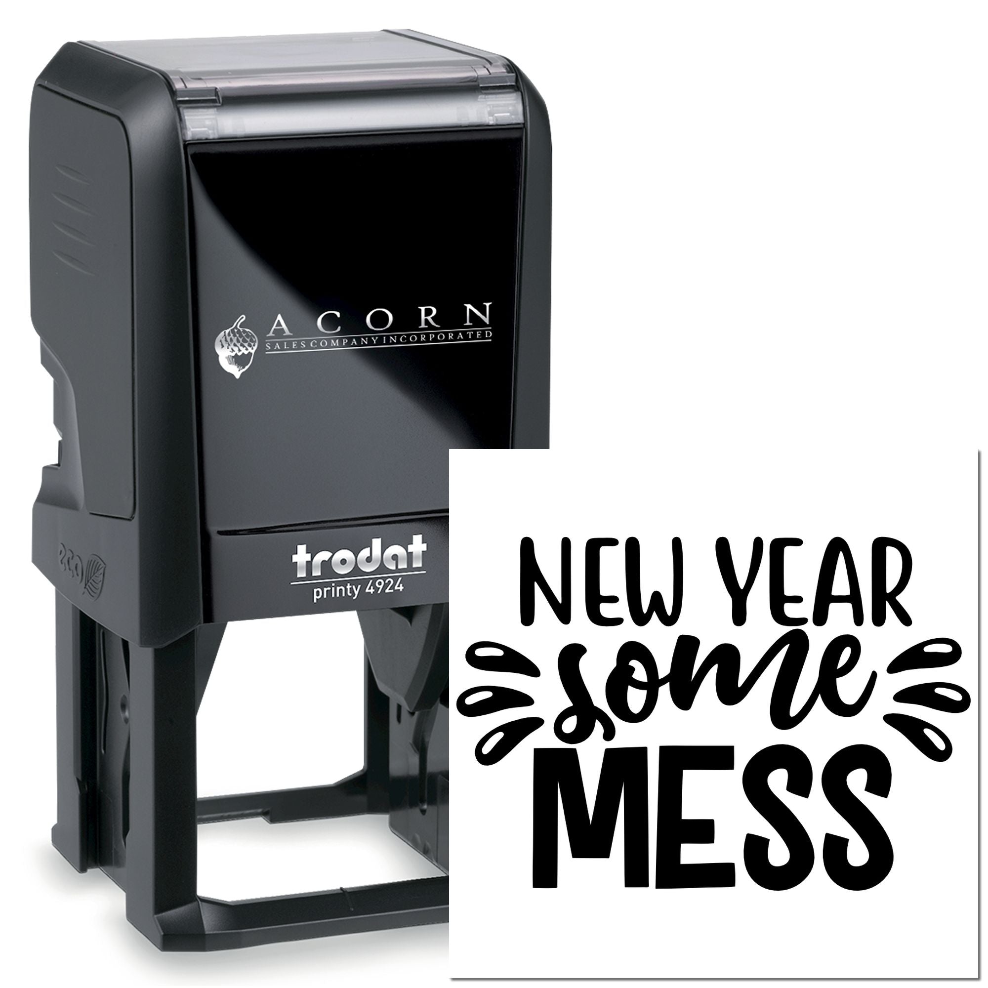 Custom self-inking rubber stamp with New Year Some Mess holiday message for cards, crafts, and office marking.
