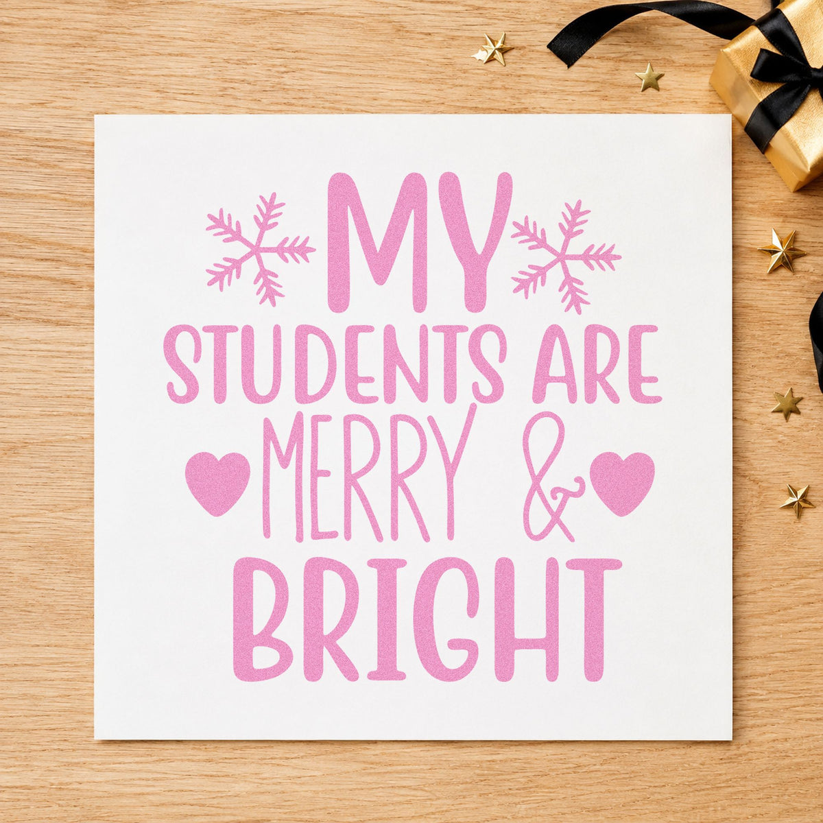 Students Merry And Bright craft stamp in purple ink on cardstock, an easy option for roster album page.